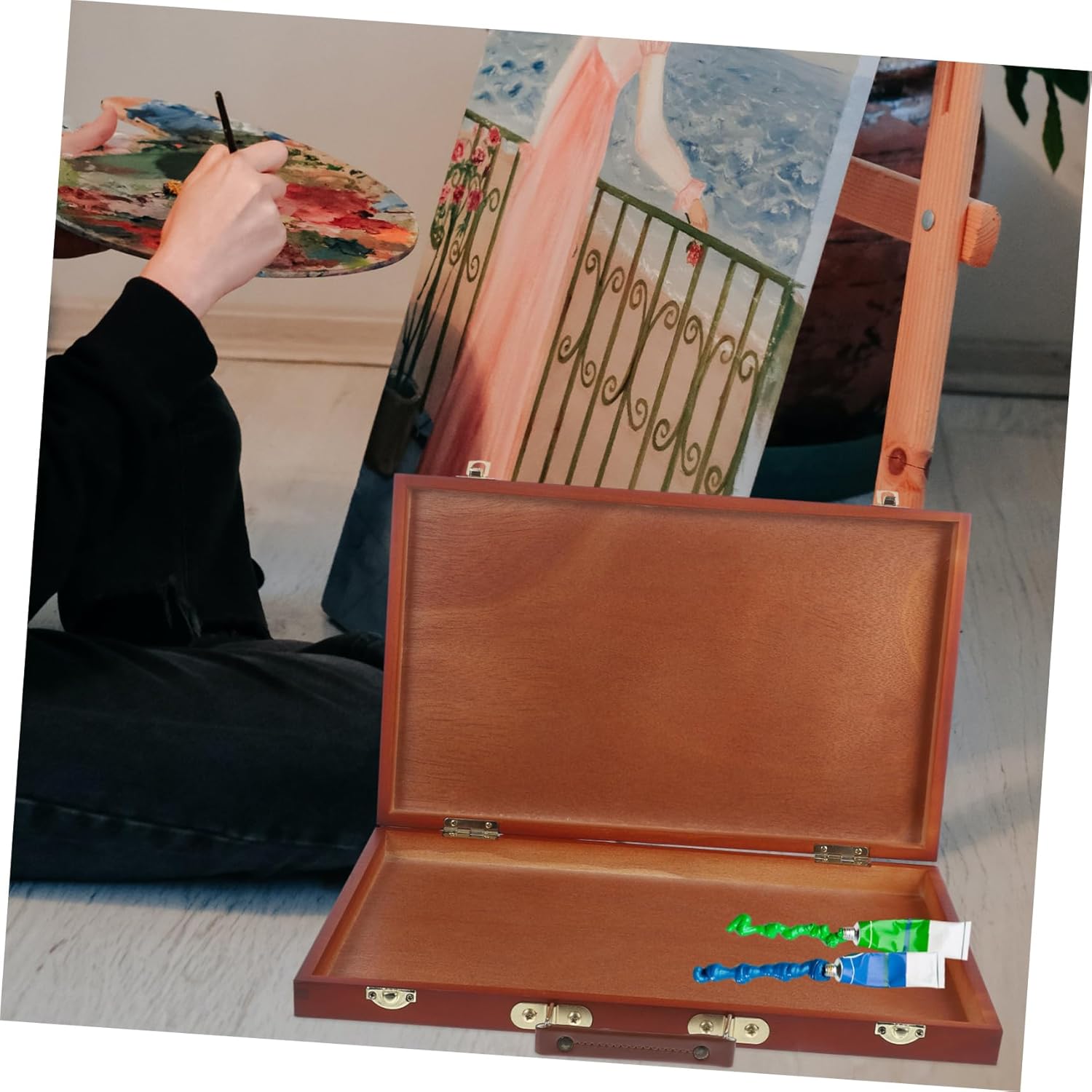 HOODANCOS Art Supplies Storage Organizer Wooden Pencil Box Paint Box Handle Easy to Carry