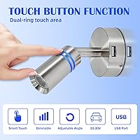 Vista 6 de THALASSA Lámpara de lectura LED interior de RV de 12V con puerto USB de 5V - Interruptor táctil integrado, brillo regulable, montaje en superficie