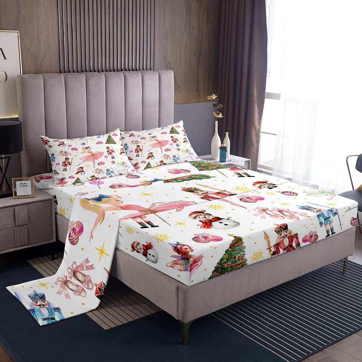 Erosebridal Christmas Nutcracker Twin Bed Sheets Set,Cute Snowman Xmas Tree Bedding Set Gifts for Kids Girls Boys,Christmas Ornaments Sheets Pink