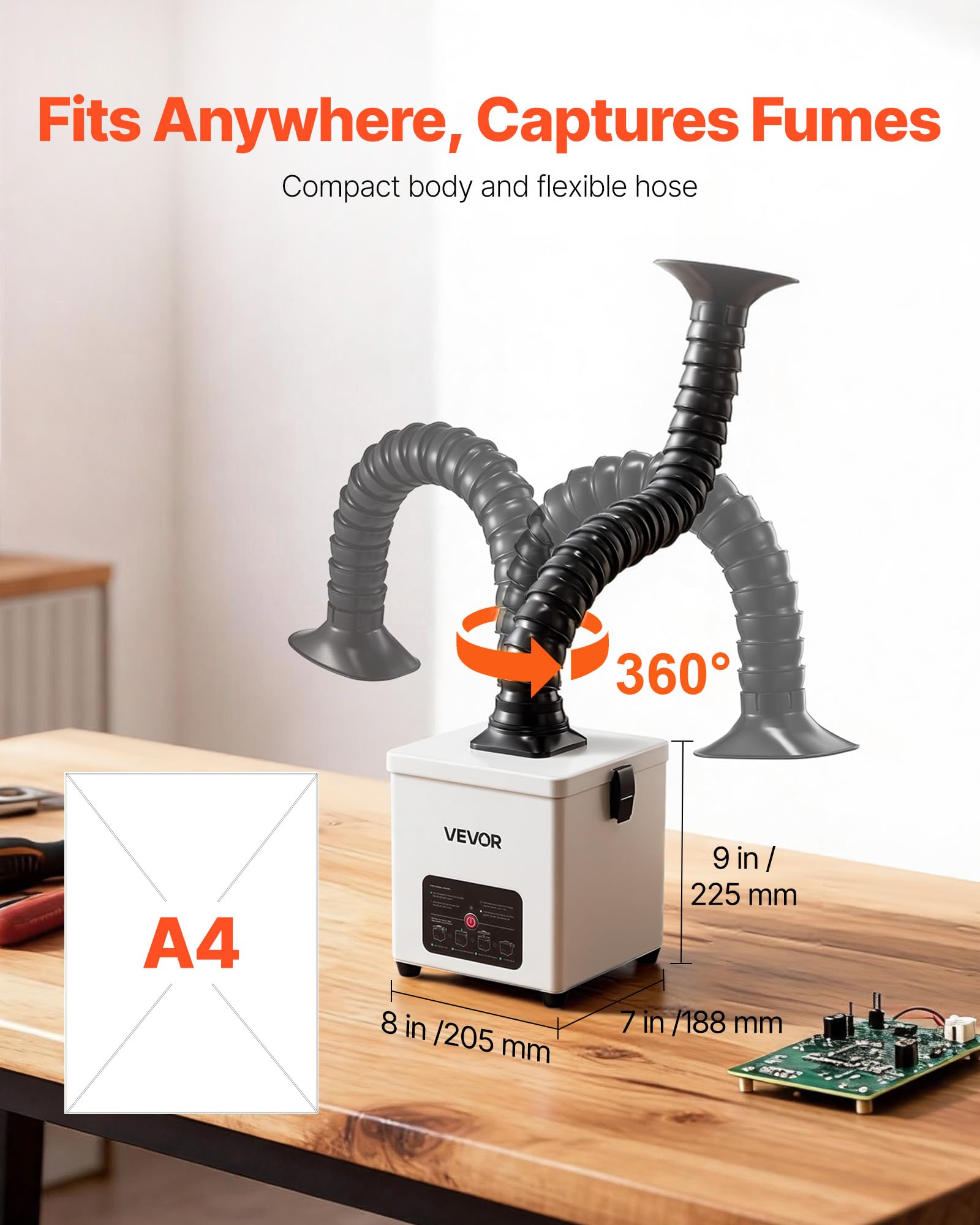 VEVOR Extractor de Humos de Soldadura 43 W, Sistema de Filtración de 3 Etapas, Flujo de Aire de 180 m³/h, Absorbedor de Humos de Soldadura con Motor sin Escobillas, Manguera Flexible de 360°