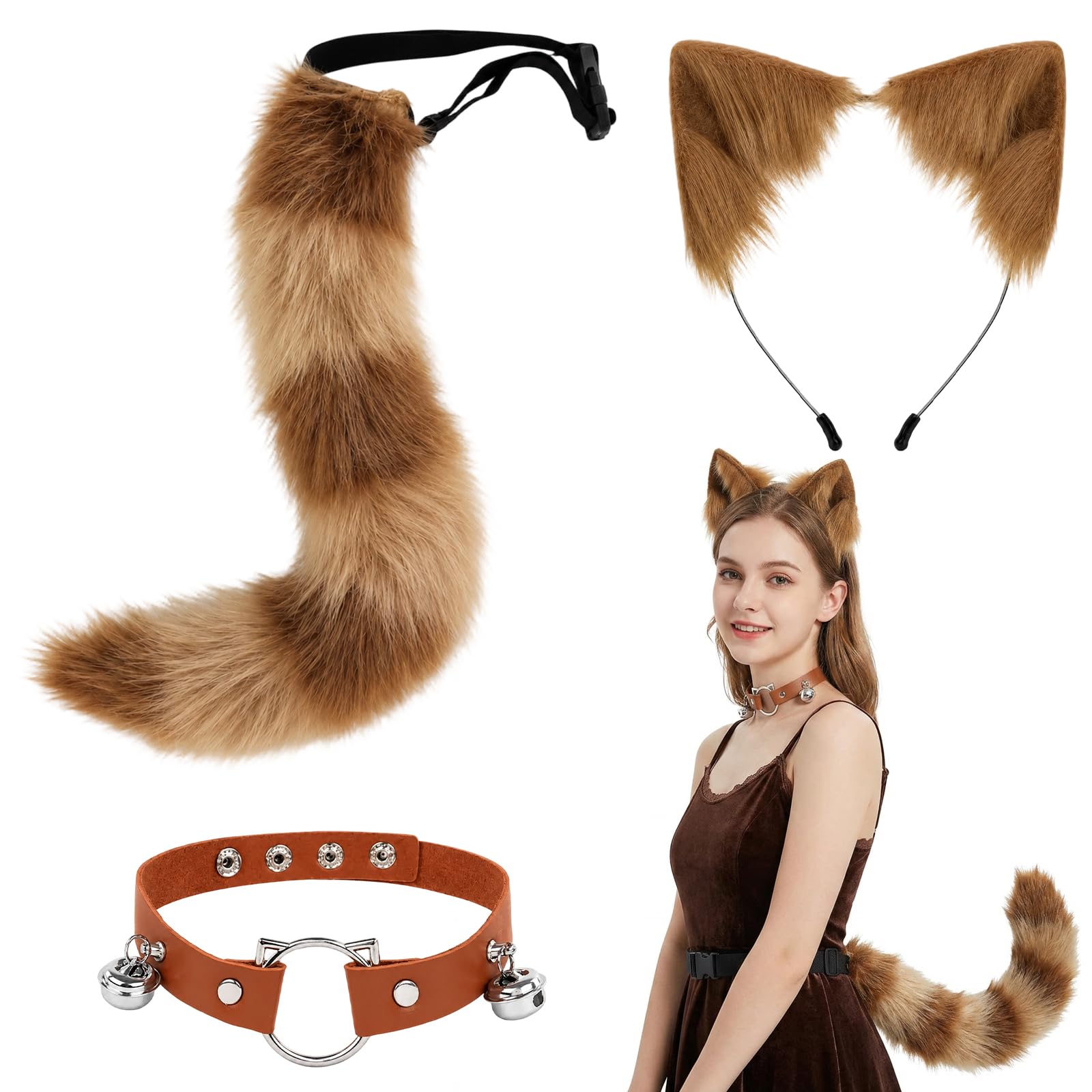 QhgPnt Three-Piece Women's Cat Ears and Tail Set, Tail with Furry Costume Accessories, Fox Collar with Bell, Adjustable Size for Man Woman, Fox Ears and Tail for Cosplay Enthusiasts