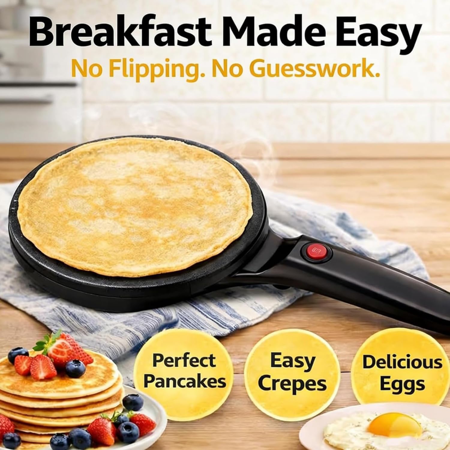 Crepe Maker elettrico, padella antiaderente da 20,3 cm con piastra per immersione e frusta per uova, riscaldamento rapido completamente automatico, controllo automatico della temperatura per crepes
