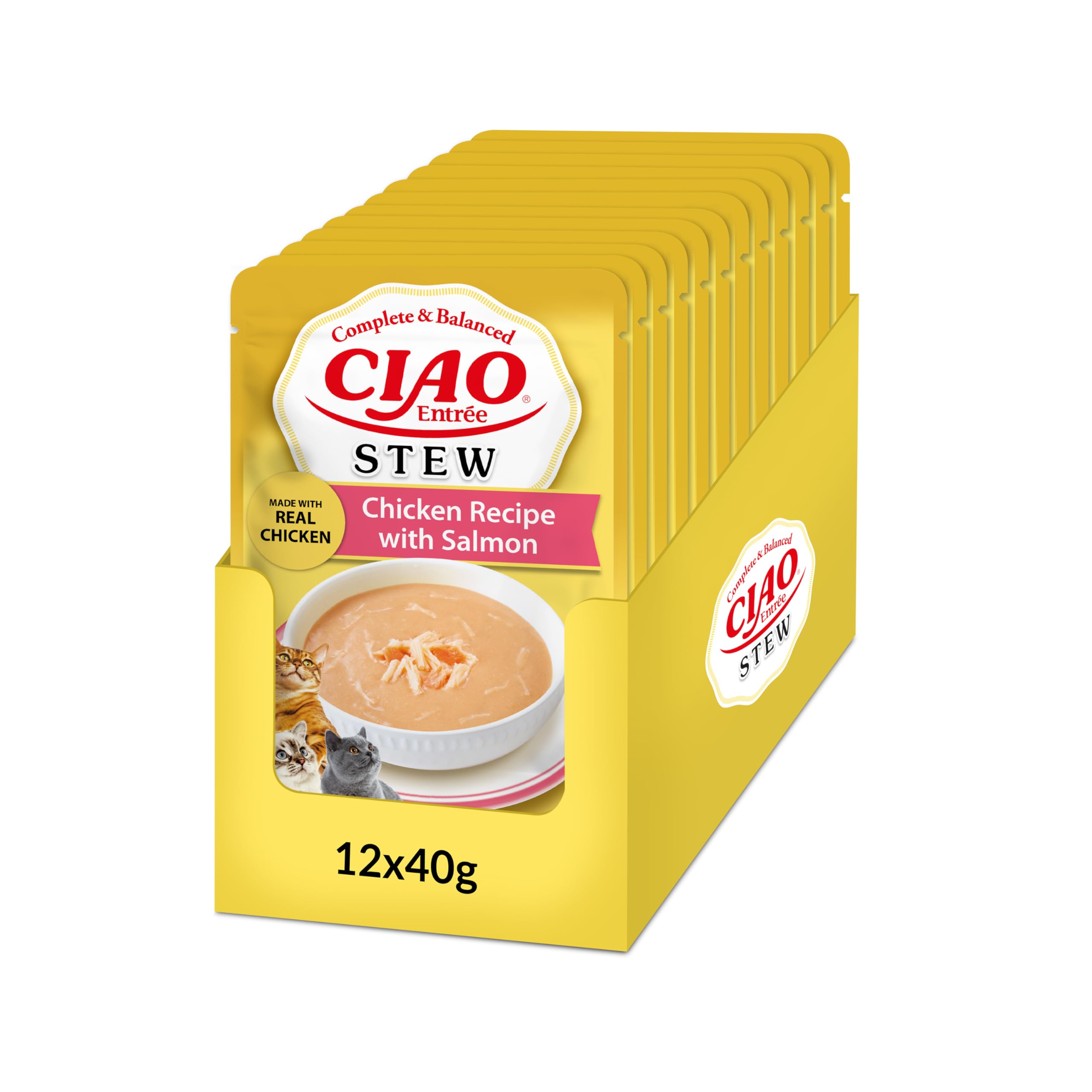 INABA Ciao Entrée Stew, Wet Cat Food, Complete Balanced Meal with Chicken Strips and Salmon, Creamy Stew Made with Natural Ingredients, High Moisture, For Adult Cats, Value Pack, 12 Packs of 40g