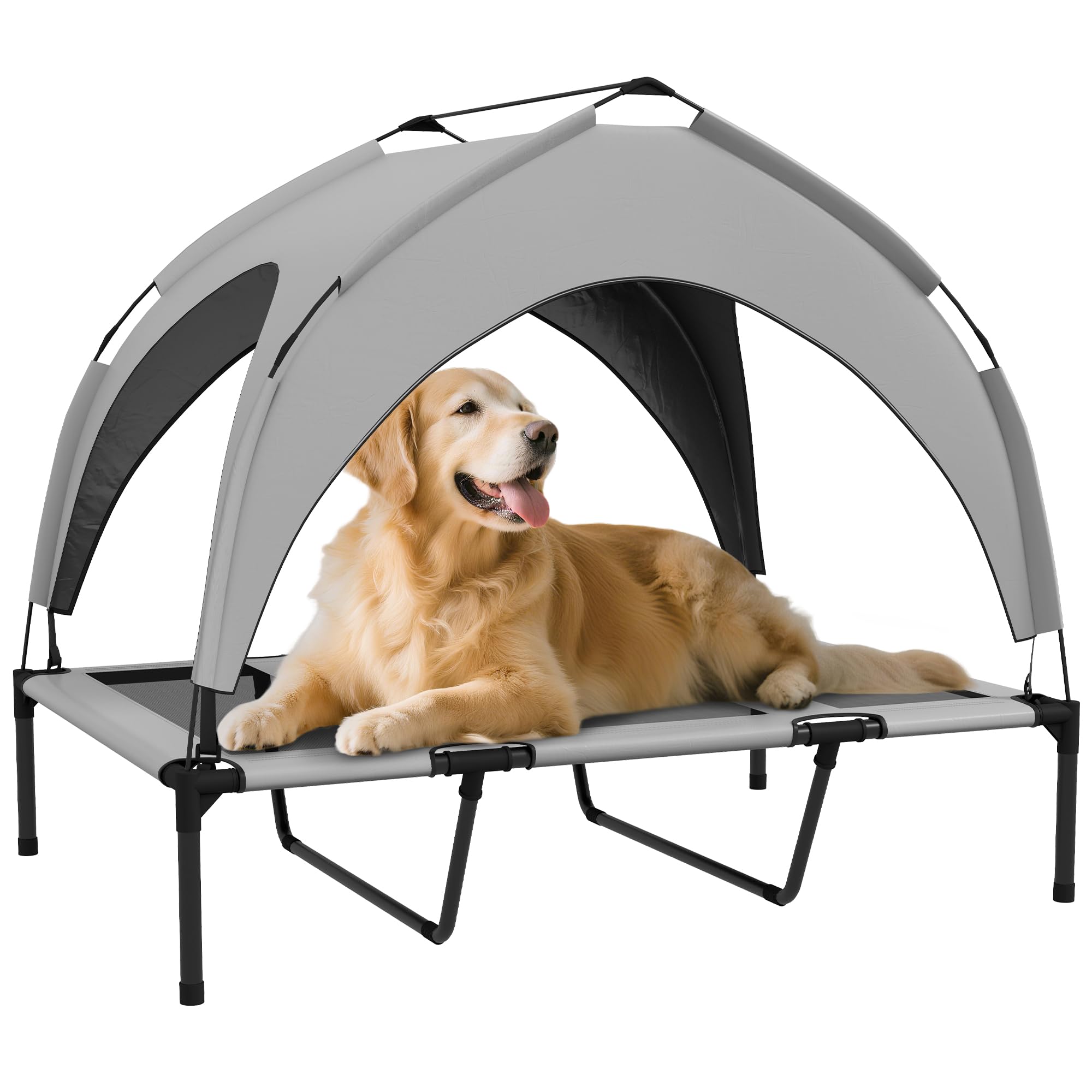PawHut Cama para Perros Elevada con Toldo, Cama para Perros Grandes, Refrescante y Transpirable, 106x76x94 cm, con Marco de Acero y Bolsa de Transporte, para Interior y Exterior, Gris Claro