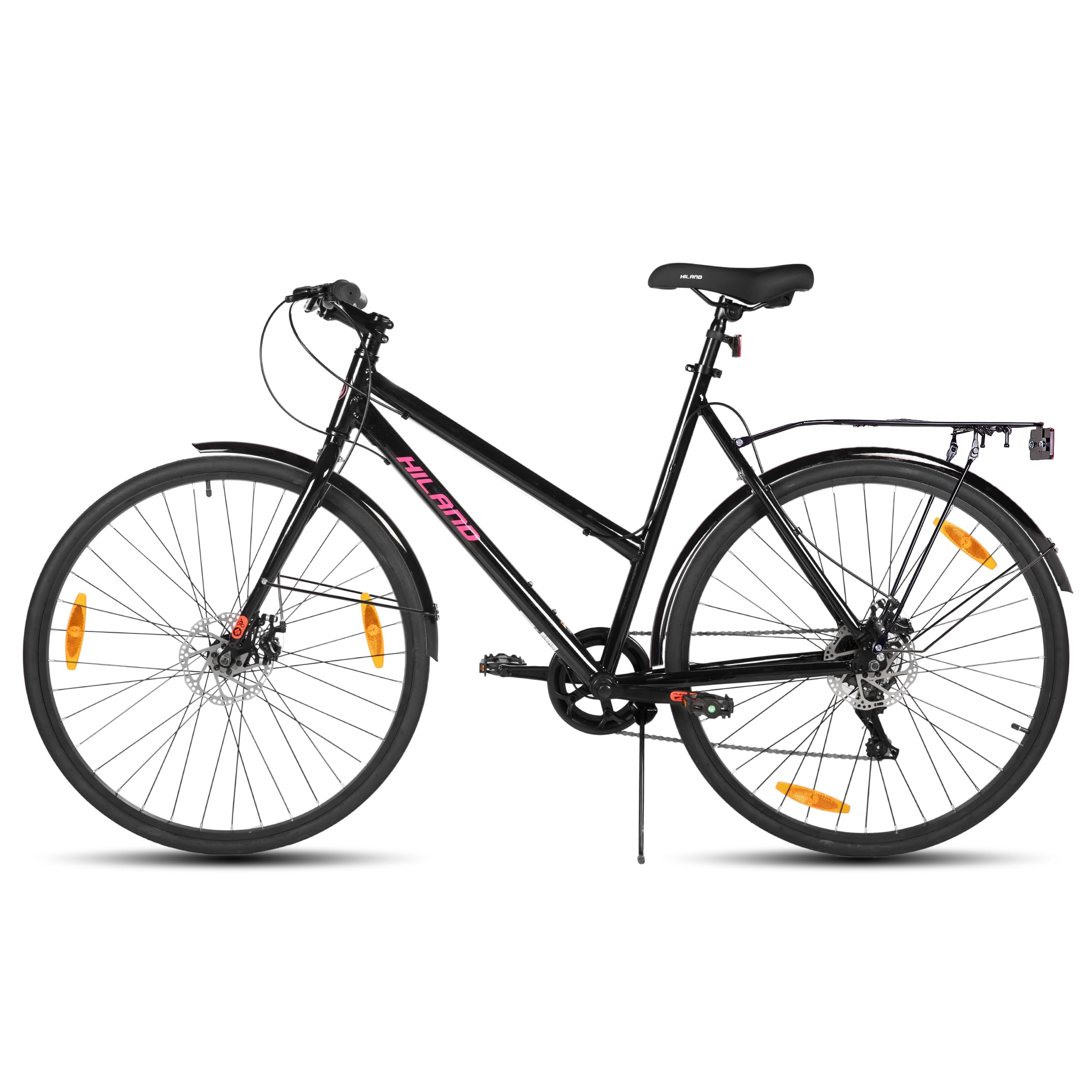 Hiland 700C Bicicleta de Carretera, Bicicleta Urbana de 7 velocidades y 28 Pulgadas, Bicicleta cómoda para Adultos con Frenos de Disco, Unisex, Negro/Azul/Rosa/Blanco