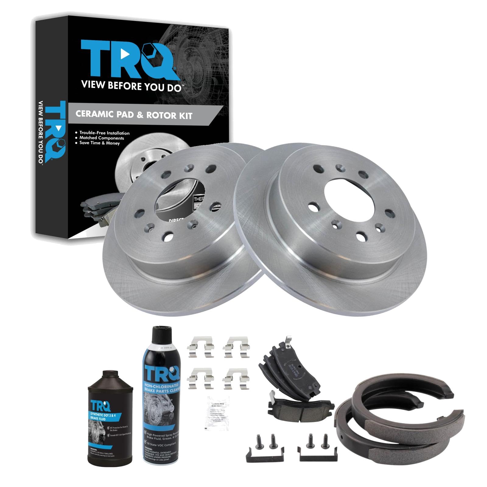 TRQ Rear Brake Pad &amp; Rotor Kit, with Chemical Kit Parking Brake Shoe Set Ceramic Compatible with 2009 Buick LaCrosse 2006-2010 Chevrolet Impala 2006-2007 Monte Carlo