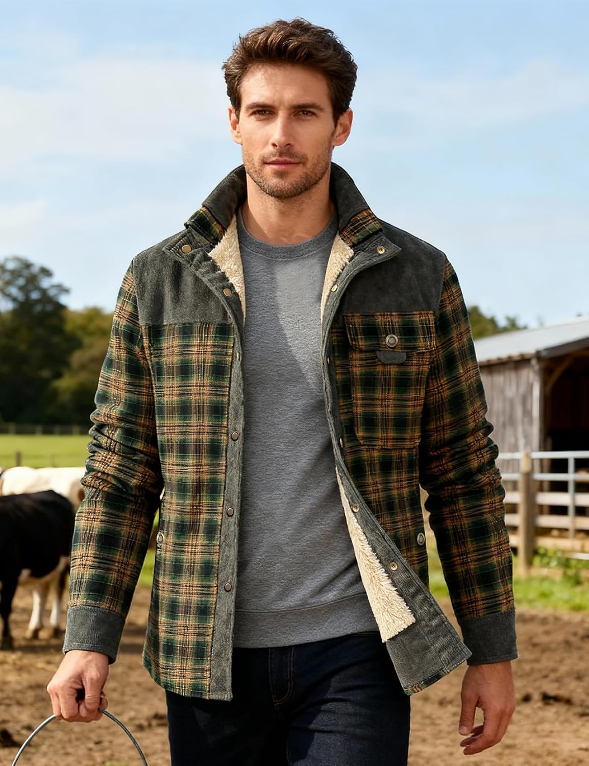 Flygo Men's Sherpa Lined Plaid Flannel Shirt Jacket Snap Button Warm Winter Jacket with Pockets - Image 2