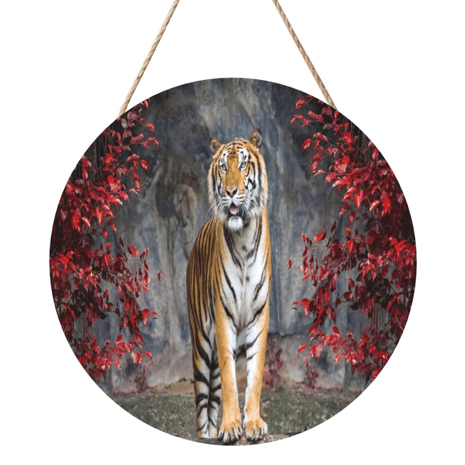 InOmak Forests Tiger Animal, Round Wood Panel Painting 12 in, Wall Hanging Painting For Home