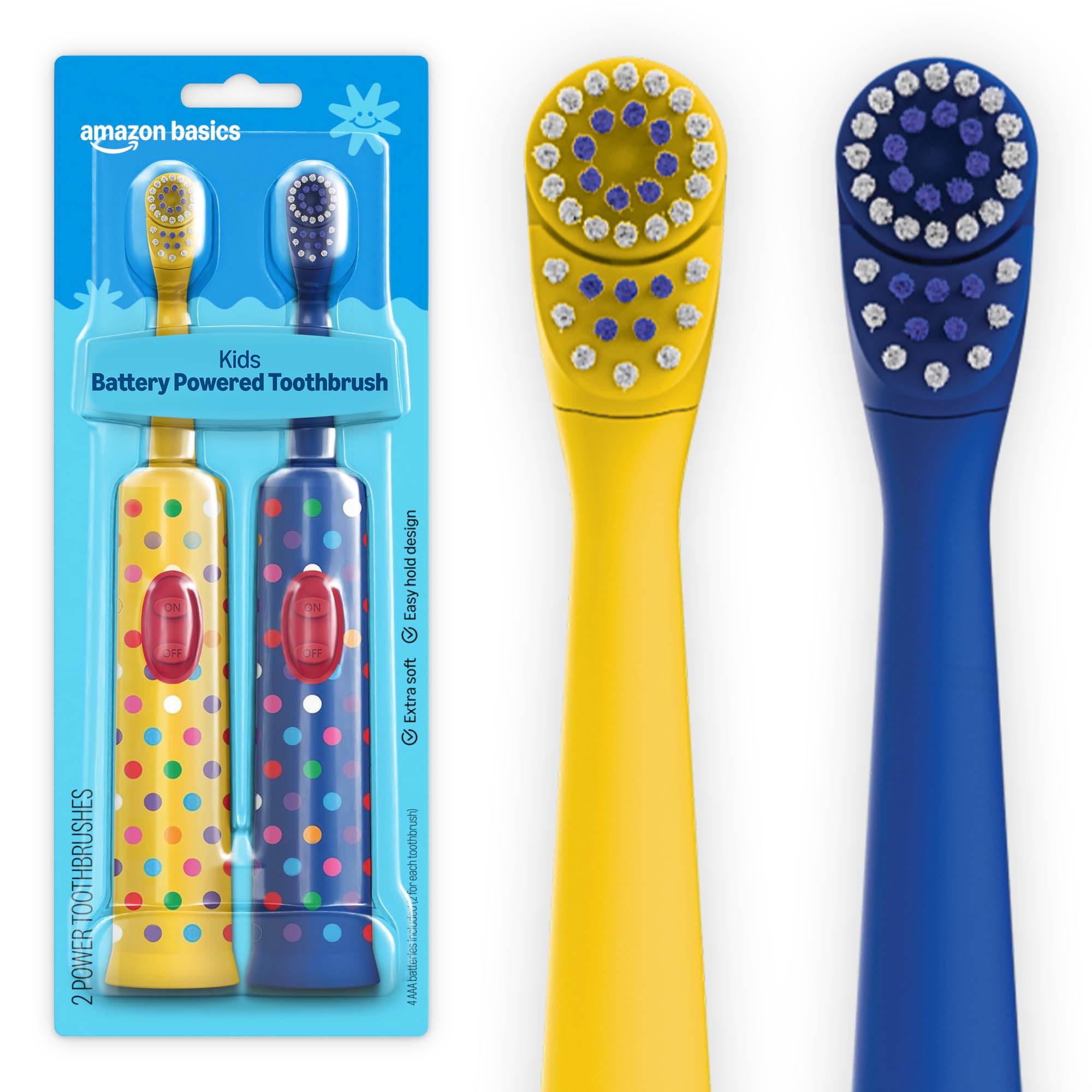 Amazon Basics Kids Battery Powered Toothbrush, 2 Count, 1 Pack, Packaging May Vary