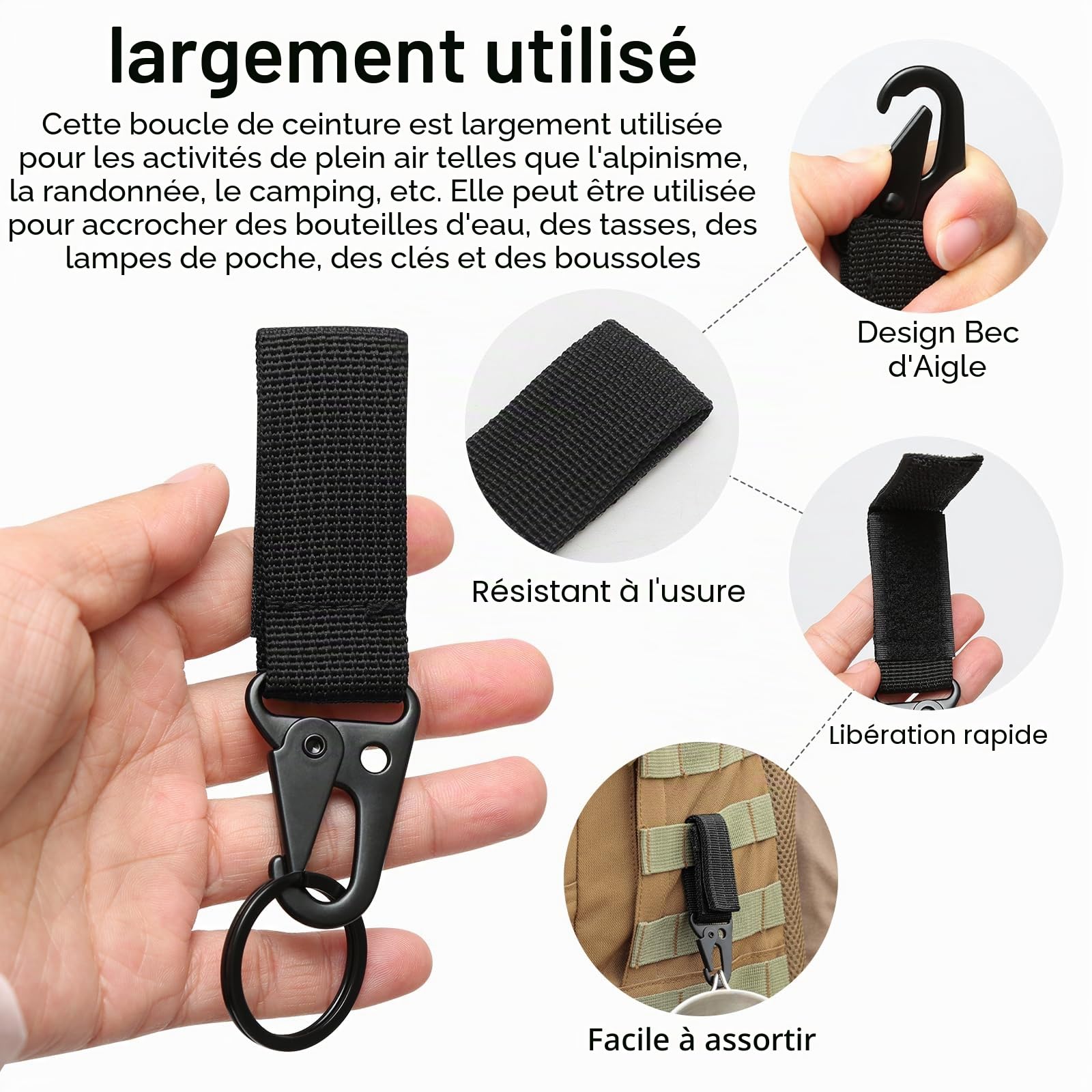 Mousquetons Tactique 6 Pièces Sangle en Nylon Noir pour Gilet Ceinture Sac à Dos