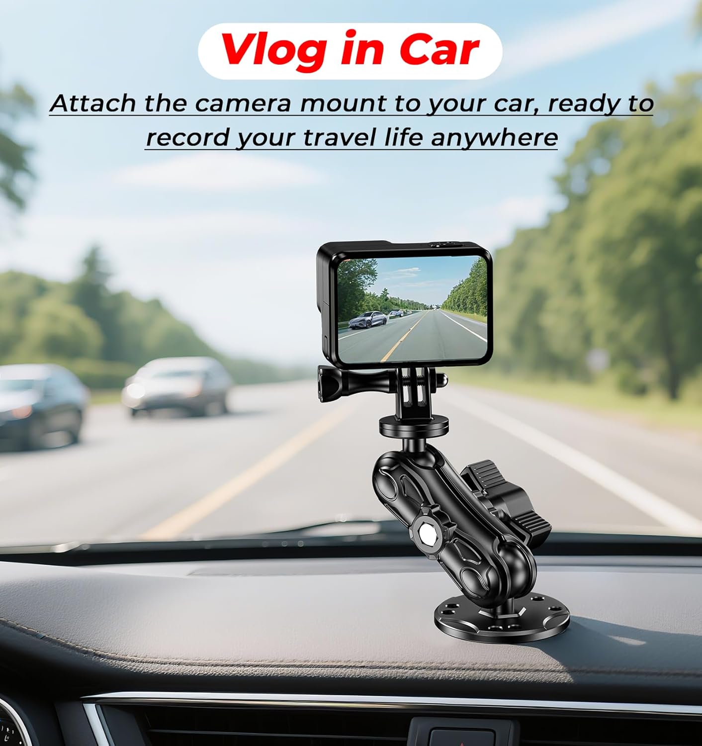 VAZESWIN Aluminum Alloy Camera Mount - with 1/4" Thread Tripod Adapter for Gopro Insta360 DJI Action Cameras, 360° Rotation Adjustable 1" Ball Mount with AMPS Hole Round Base, for Car Boat Dashboard