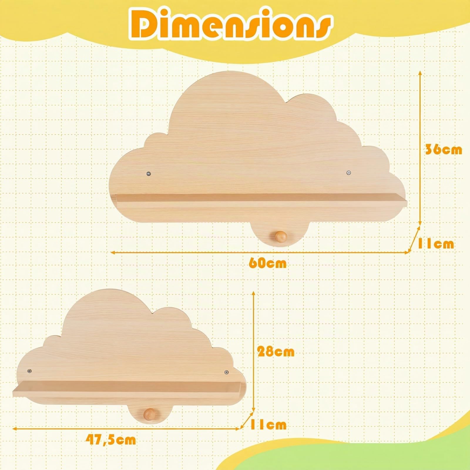 COSTWAY Lot de 2 Étagère Murale Enfant en Forme Nuage, Étagère Livre Enfant en Bois, Bibliothèque Flottante Montessori pour Livre Jouet pour Chambre Salle de Jeux (Naturel)