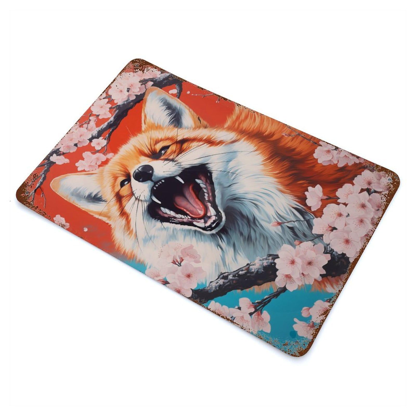 Garage Style Fox with Cherry Blossoms Vintage Rust Metal Sign 11.8"x7.9", Vintage Wall Decor for Bar And Workshop