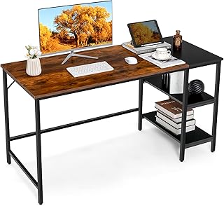 COSTWAY Computer Desk, 140x60x74cm Industrial Study Table Writing Workstation with Storage Shelf, Metal Frame Wooden Splice Board PC Laptop Table Working Desk for Home Office Bedroom (Vintage+Black)