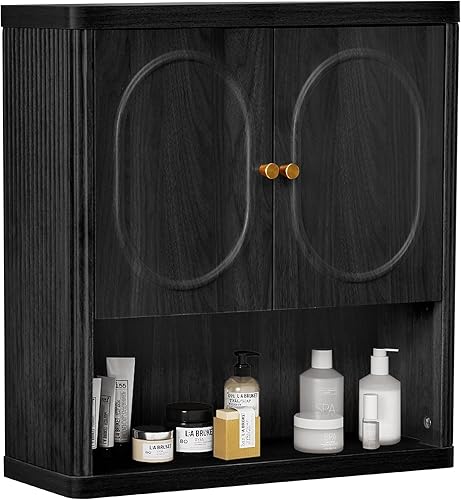 Miniatura 9 de Armario de almacenamiento de pared para baño, botiquín acanalado con puertas, armario montado en la pared con estante ajustable, armarios de