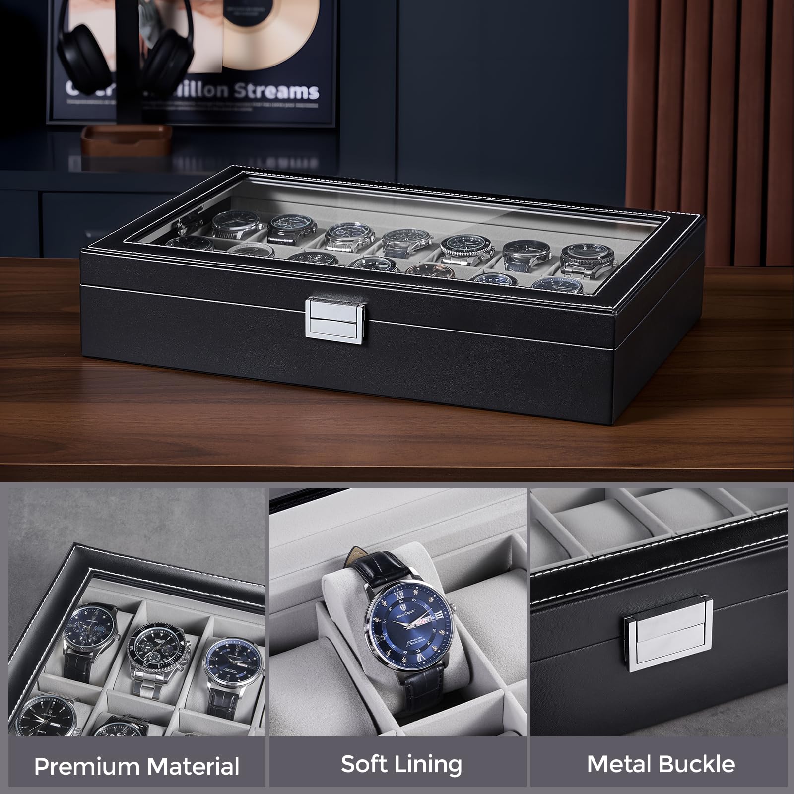 ProCase Boîte à Montres 24 Emplacements, Coffret de Rangement Grande Capacité avec Couvercle en Verre Transparent, Coffret Cadeau Élégant pour Collection de Montres -Noir