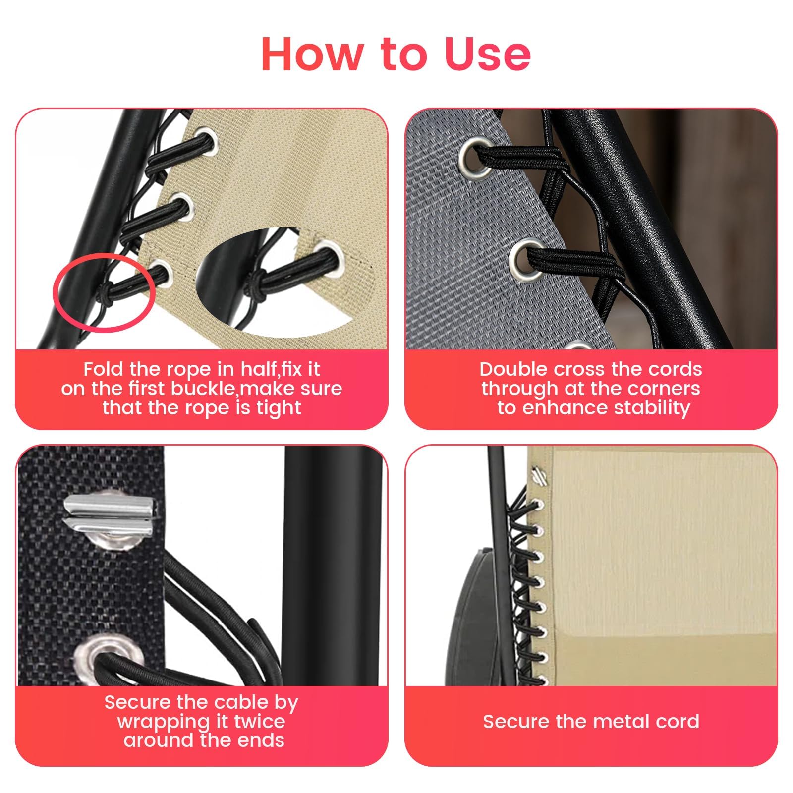 4 Pcs Zero Gravity Chair Replacement Cables, Replacement Recliner Chair Cable for Outdoor Furniture, Black Elastic Ropes for Patio Recliners 1