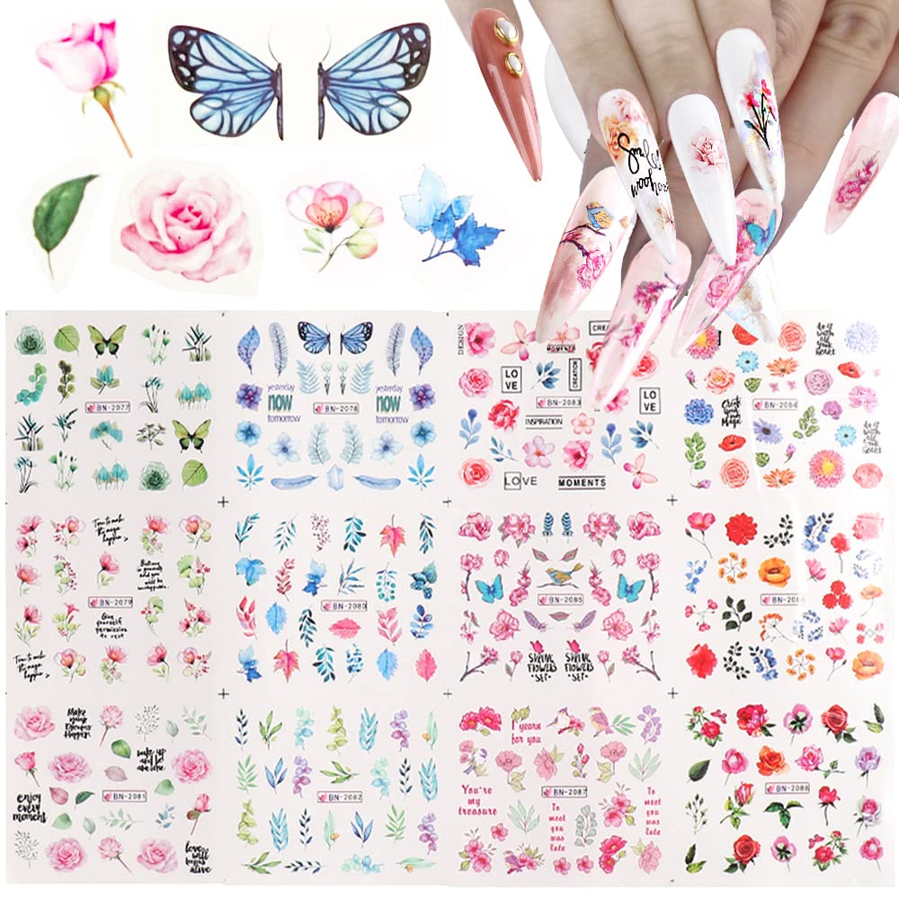 Nail Stickers for Nail Decals Flowers Butterfly Nail Art Stickers Water Transfer Nail Designs for Nail Art Decoration Watermark Flower Designs for Nails Design Manicure Tips 12 Sheets