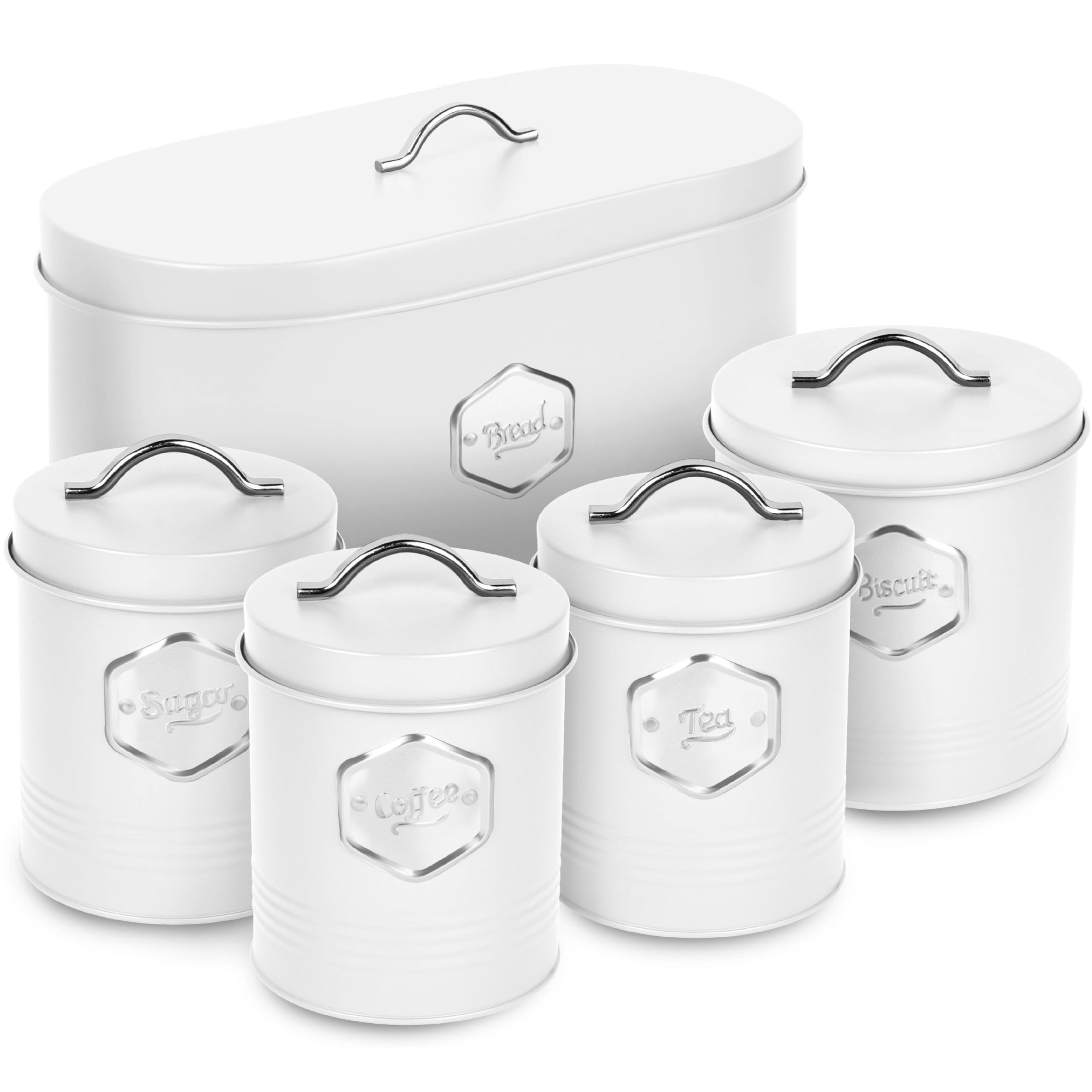 Heftman White Kitchen Canister Set - Stylish 5 Piece Kitchen Storage Canisters For Bread, Biscuits - Sugar Coffee Tea Storage Set With Airtight Lids, Labelled Containers (5 Pcs)