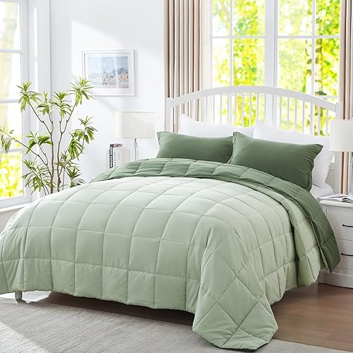 Miniatura 2 de SunStyle Home Juego de edredón tamaño Queen, edredón alternativo ligero de 3 piezas, suave y reversible, para todas las estaciones (verdeverde