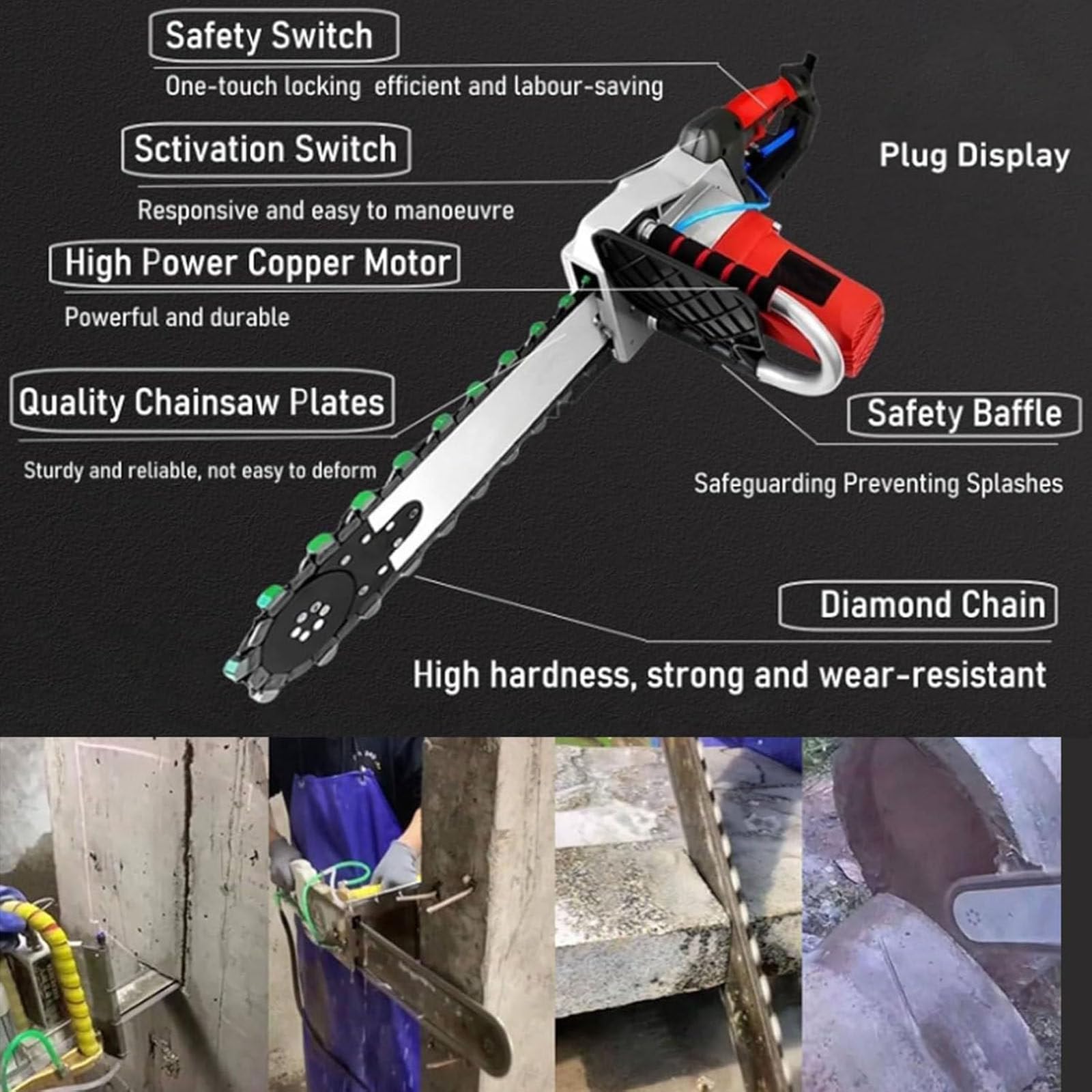 Tronçonneuse électrique pour Béton, Tronçonneuse Murale Portative, Tronçonneuse Murale Diamantée avec Système Anti-Poussière Alimenté par Eau Cuttingdepth350mm