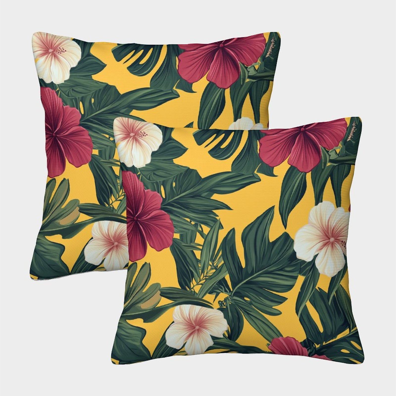 kaiyun 2 Pack Tropical Leaves And Flowers,Yellow Background Square Pillow Cover Cushion Cover 40x40cm Suitable for Sofa Bed Chair,3D Pattern