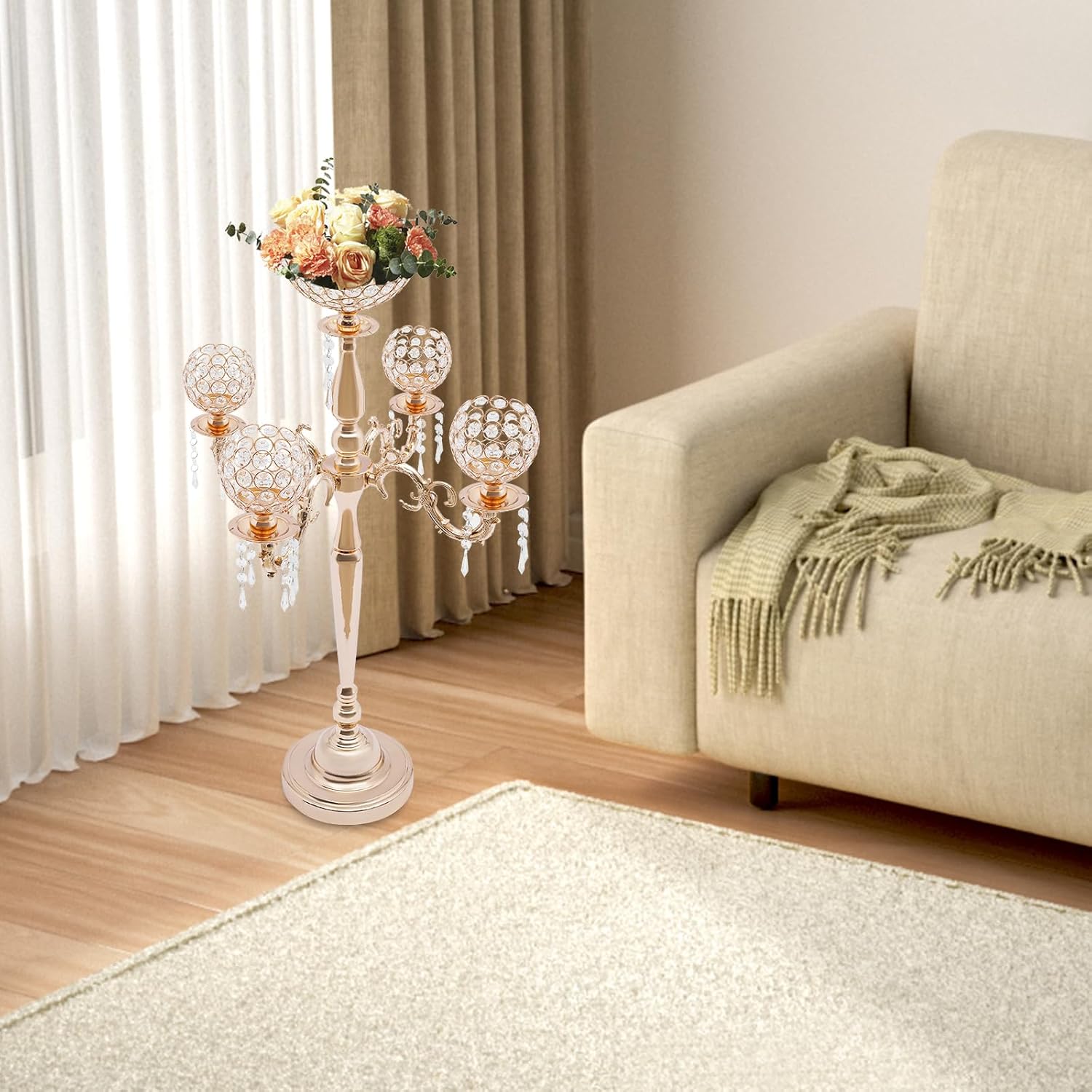 5-Arm Candle Holder with Flower Vase for Centerpieces, 35" Golden Candelabra Tall Candle Stand, Metal Candlestick Holder with Crystal Cup for Wedding Table Dining Room, Rose Gold