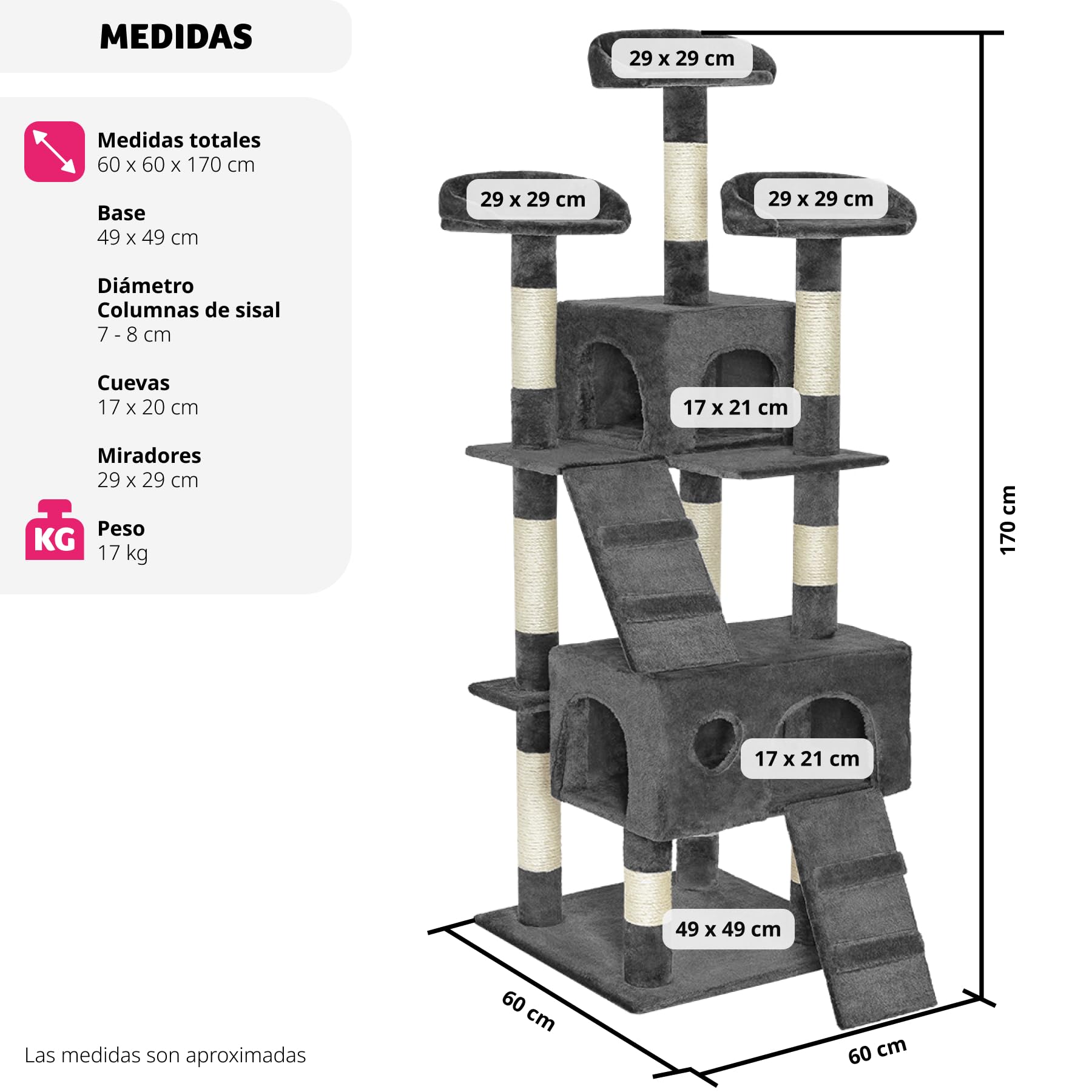 tectake® arbol rascador para Gatos, sisal Resistente, casa 3 nidos, Sistema antivuelco, Poste rascador Gatos, Cama de Gato, Juguetes para Gato - 170 cm Alto Gris