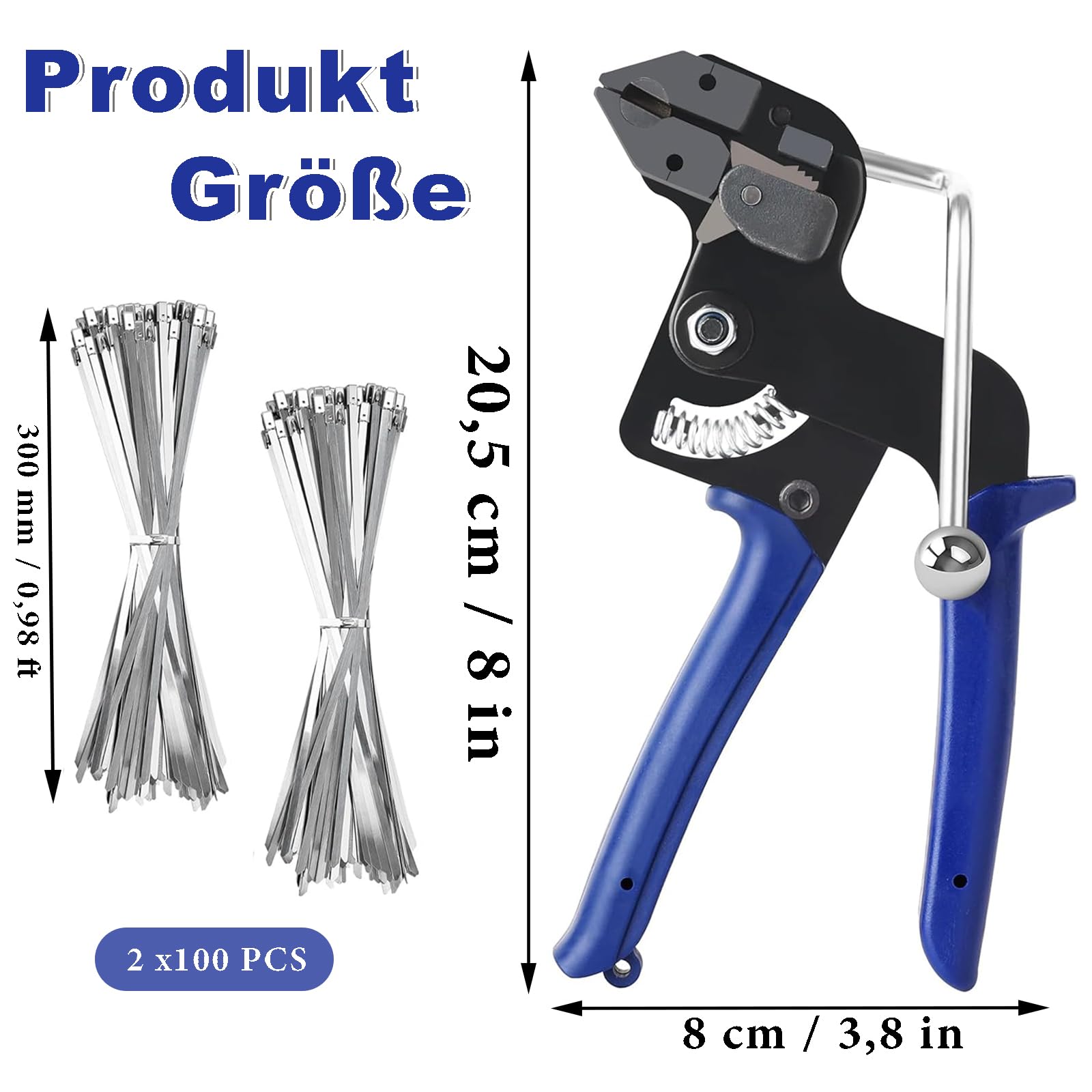 Kabelbinderpistolen Set aus Metall, Kabelbinderpistole aus Edelstahl mit 200 Stück 4,6 x 300mm Kabelbindern, Metallbinderpistole, Kabelbinder Werkzeug, für KabelbüNdelung, Industrie