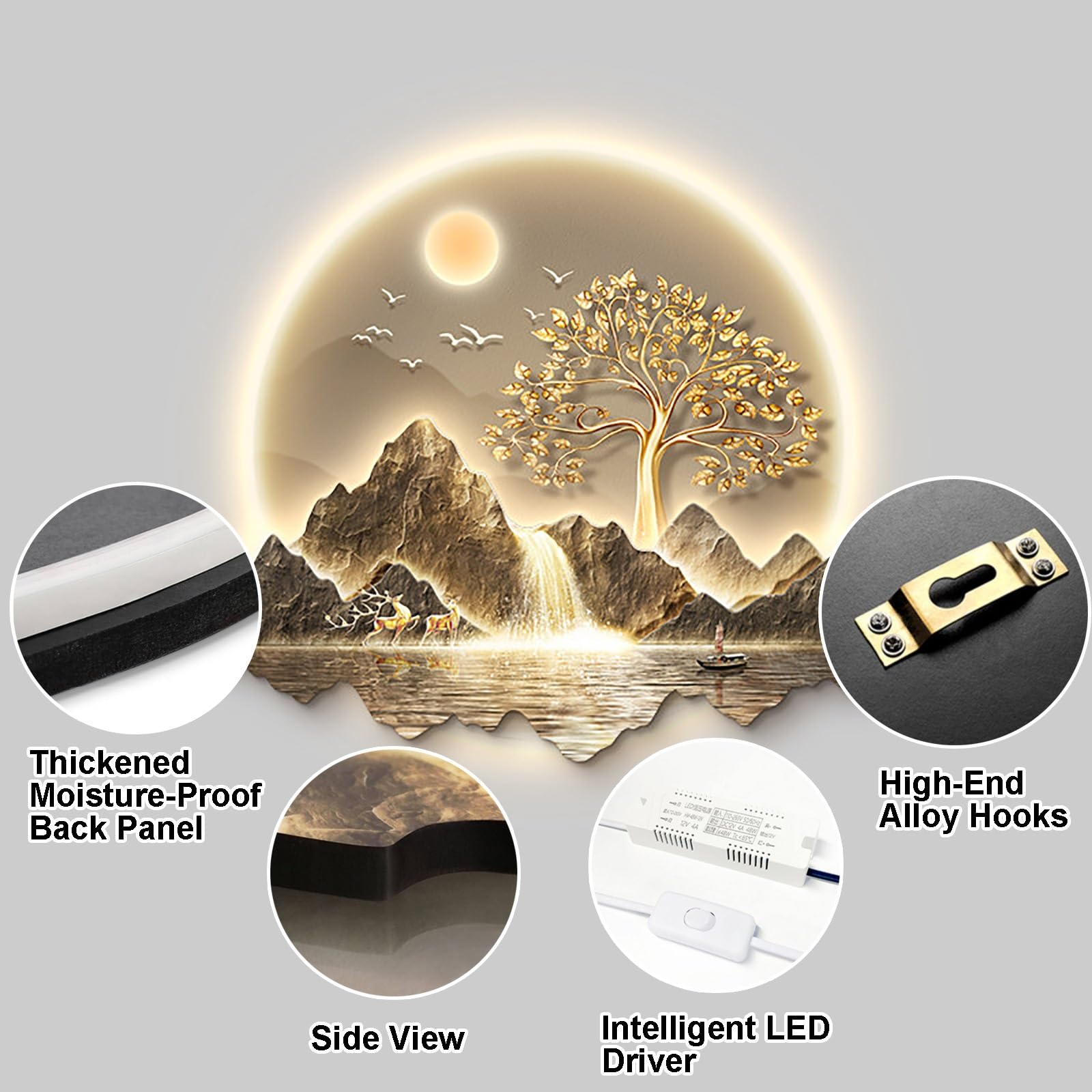 SXKLYRF 3D-Wanddeko, Wandskulpturen mit LED-Beleuchtung, 3D Wandbild, Dekorative Gemälde, Wandleuchte, LED Wanddekoration Für Wohnzimmer, Schlafzimmer(Gray,55x48cm/22x19in)