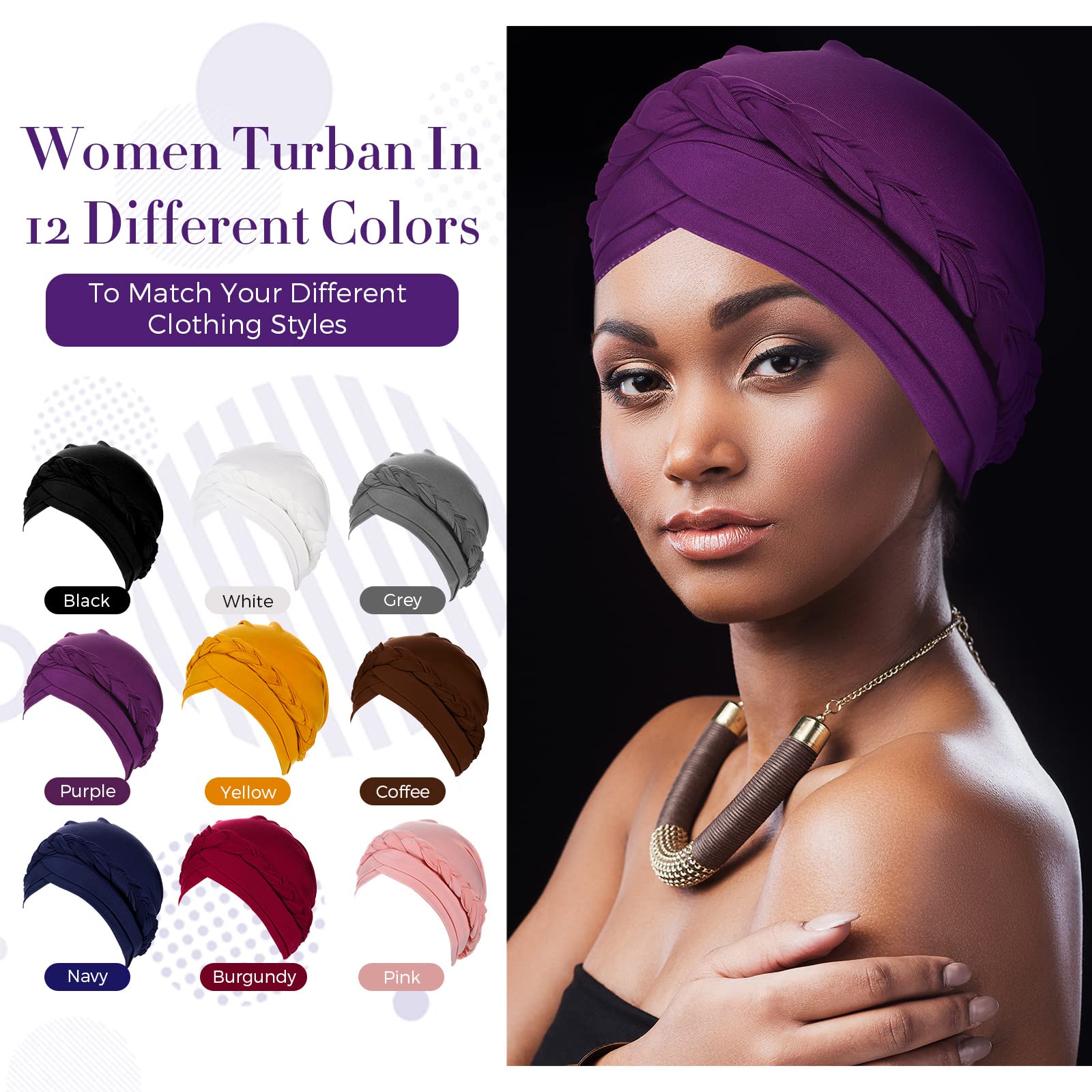 9 Pack Braid Turban Cap for Women Ethnic Bohemia Twisted Hair Cover Wrap Hat African Pre Tied Bonnet Chemo Cancer Braid Turban Hat Beanies Headwear Multicolor, Mehrfarbig, Einheitsgröße