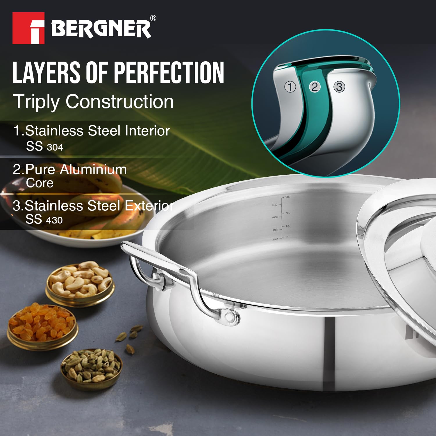 Bergner Argent Samsara Triply Stainless Steel 28cm (4.25 L) Biryani Handi/Cook & Serve Belly Shape Shallow Rice Handi, Consumes Less Oil, Healthy Cooking, Even and Faster Heating - Induction Bottom 1