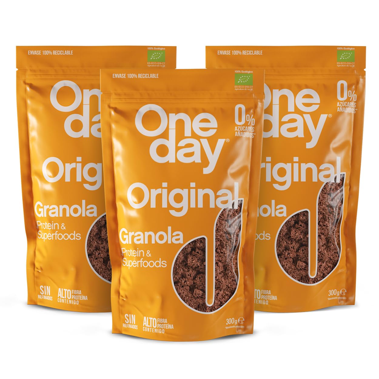 ONE DAY Granola Ecologica, Sin Azucares Añadidos, Alto en Proteína con Superfoods, Altro en Fibra, 300g (Pack 3 / Original, 300.00 g (Paquete de 1))
