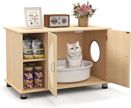 PETSITE Cat Litter Box Enclosure, Hidden Litter Box Furniture with Sisal Scratching Board Doors, Wooden Pet House Side End Table, Indoor Litter Box Cabinet with Adjustable Metal Feet