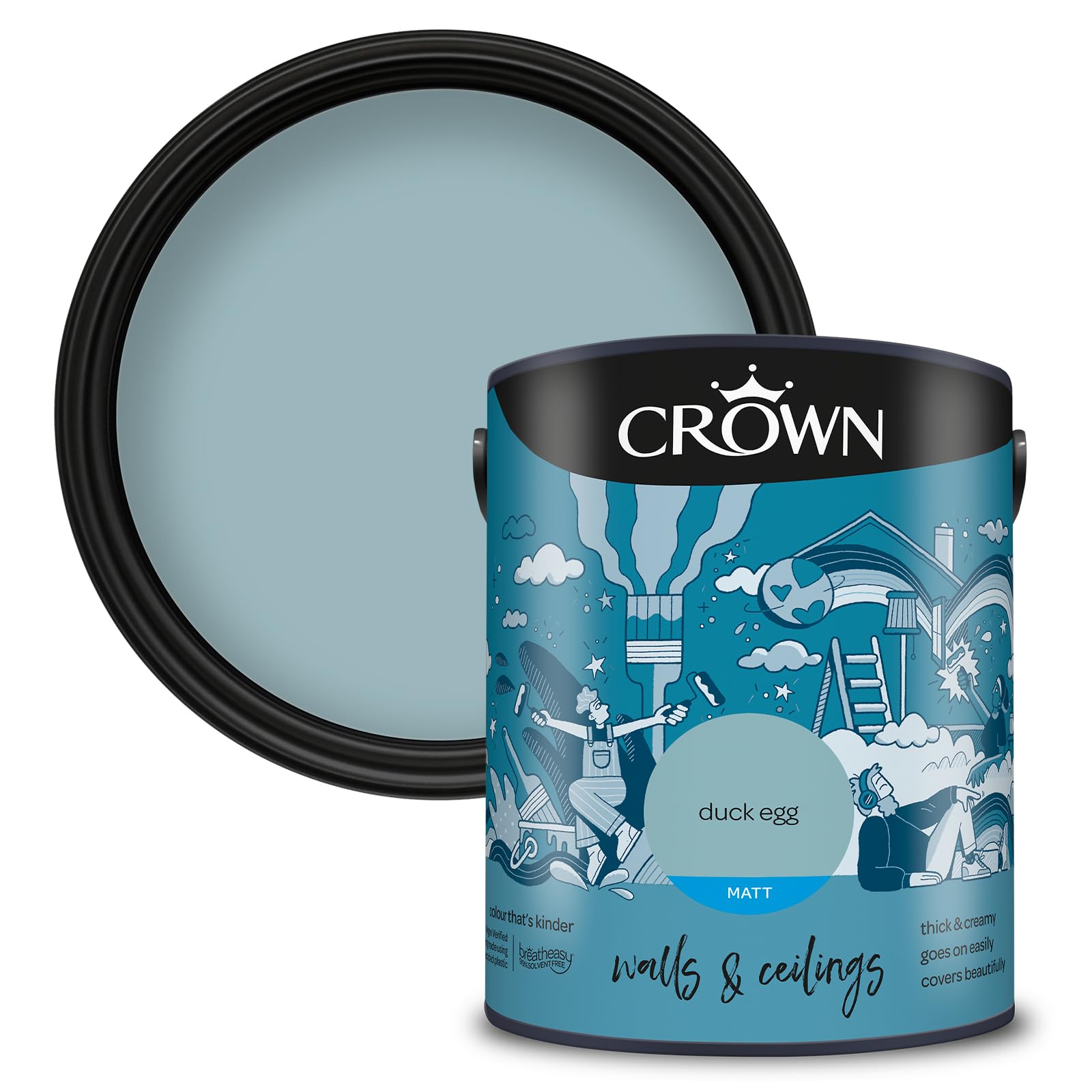 Crown Duck Egg - Matt Emulsion Paint for Walls and Ceilings - Duck Egg Finish - Ceiling and Bedroom - Water Based, Quick Dry, Low Odour Paint - 5L