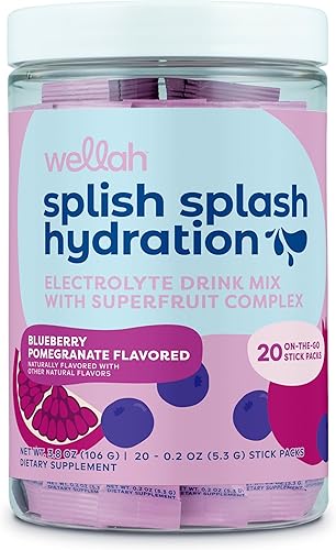 Wellah Splish Splash Hidratación (granada de arándanos) 20 paquetes de barritas  Mezcla de bebida con electrolitos con complejo de superfrutas