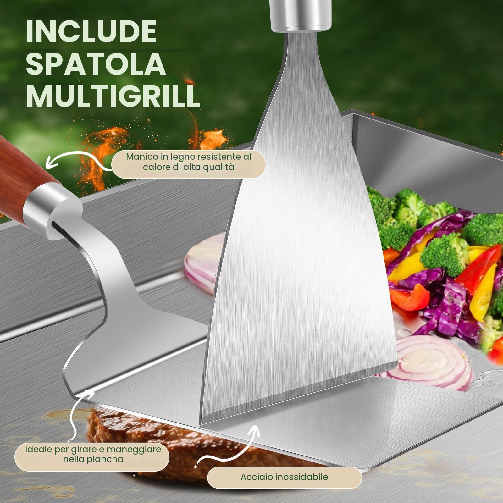 Set Plancha Premium con spatola per barbecue, 30 x 40 cm, in acciaio inox, universale, per barbecue a gas e barbecue a carbone, in acciaio inox, 4 mm