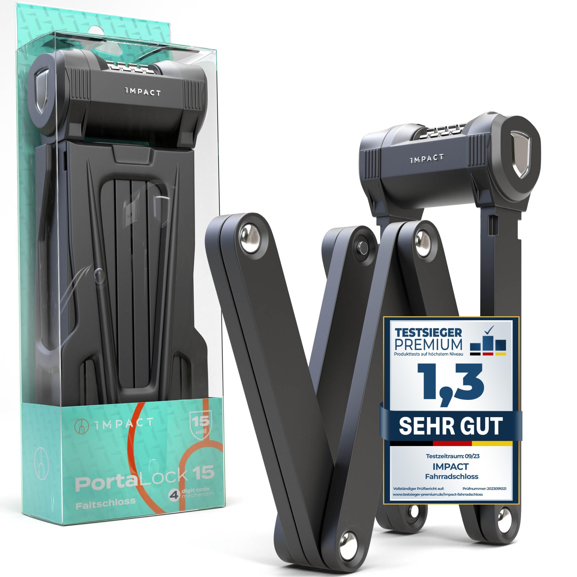 Impact® PortaLock 15 – składane zapięcie rowerowe z zamkiem szyfrowym – poziom bezpieczeństwa 15 – 110 cm z uchwytem – wytrzymałe zapięcie rowerowe z 4-krotnym kodem numerycznym i systemem