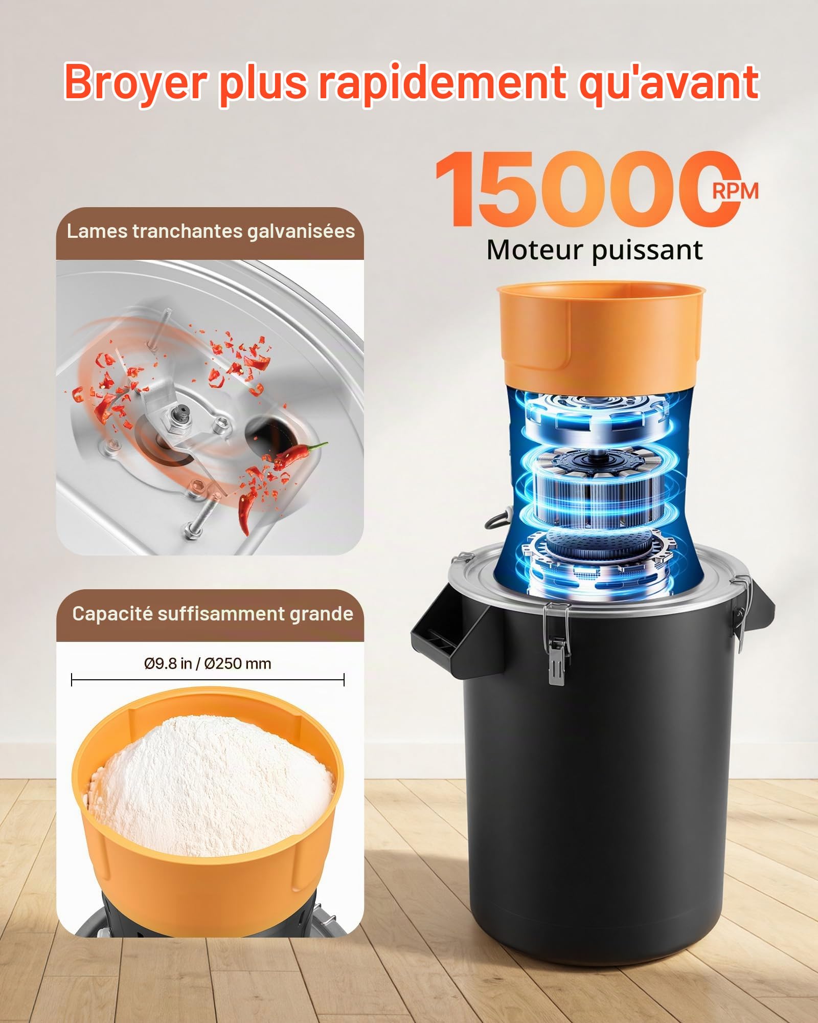 VEVOR Moulin à Grain Électrique Capacité 53 L, Broyeur à Épices 600 W Haute Puissance, pour Moudre Rapidement Grains Secs Céréales Café Maïs Poivre, Moulin à Farine avec Lames Galvanisées Tranchantes
