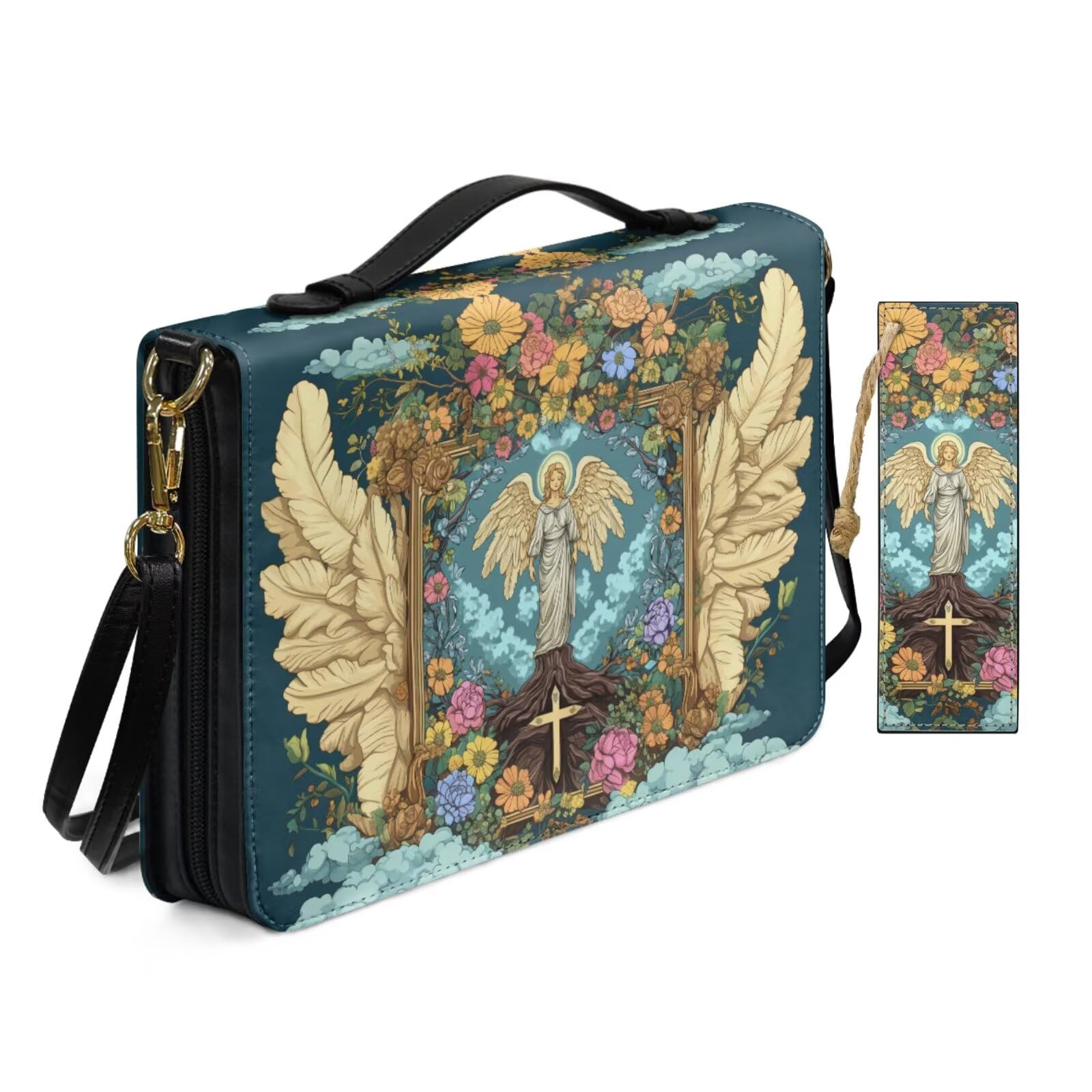 Print Womens Bible Case with Shoulder Strap Pockets Zipper Large Capacity Retro Sacred Wing Floral Cross Angel Bible Cover Case for Women with Bookmark Handle