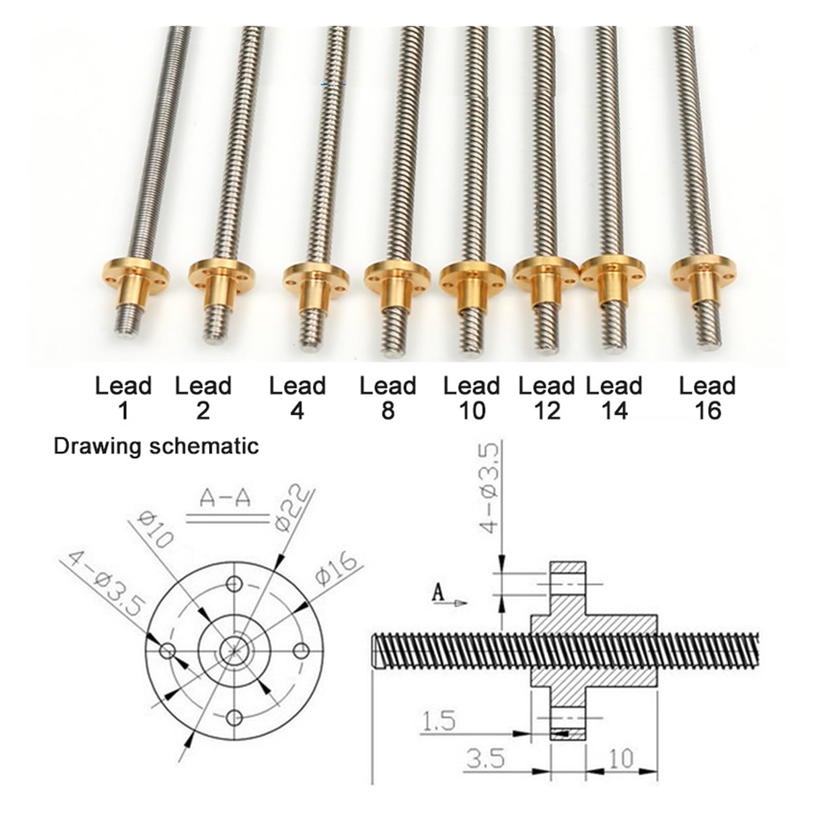 Metal Ball Screw nut T8 Lead Screw Trapezoidal Rod Lead 14mm Length 100mm-1000mm with Copper Nut(100mm)
