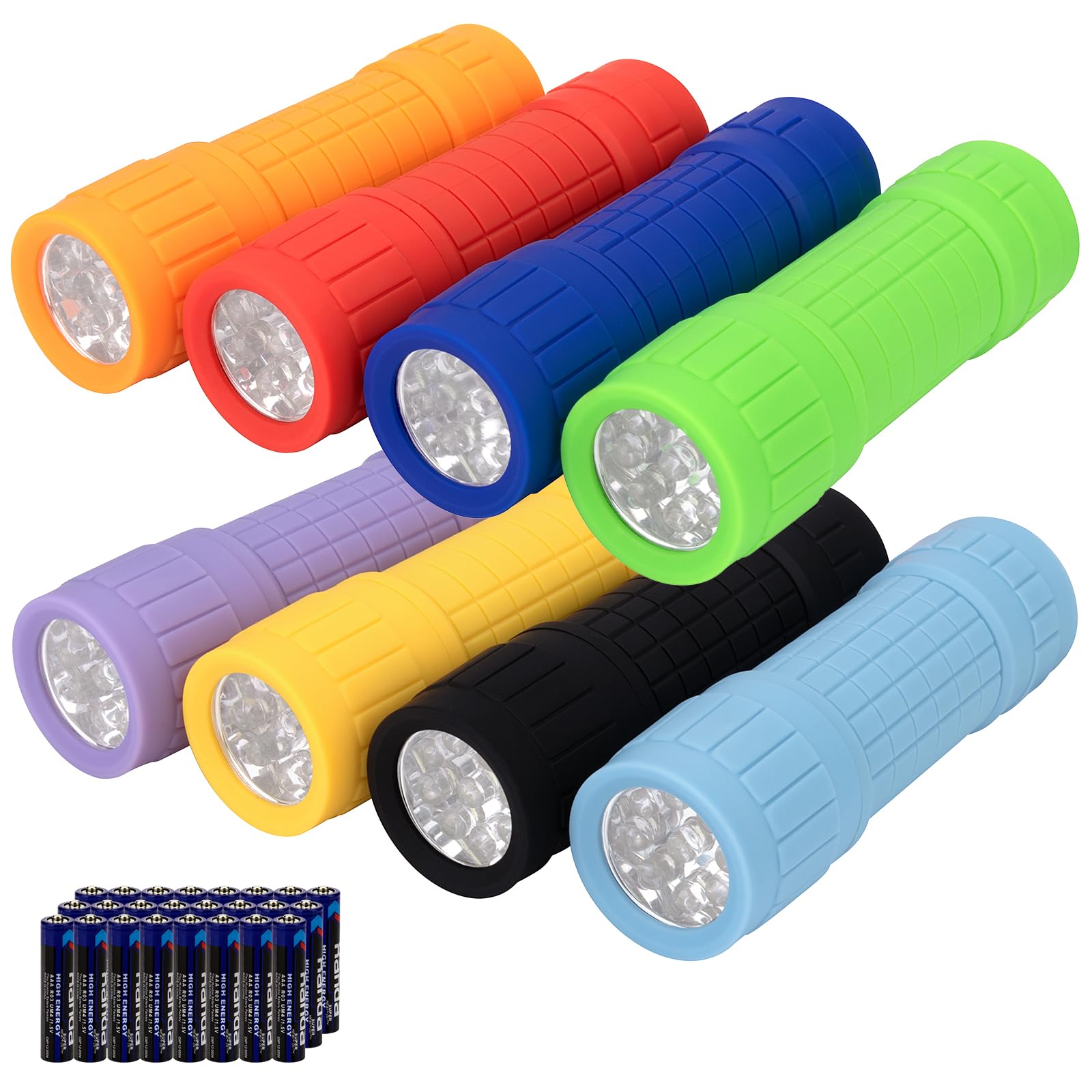 8 Packs 9 LED Mini Flashlights, Small Handheld Flashlights in 8 Vibrant Colors, with 24 Pieces 3AAA Batteries Included Perfect for Kids, Camping and Emergency Preparedness