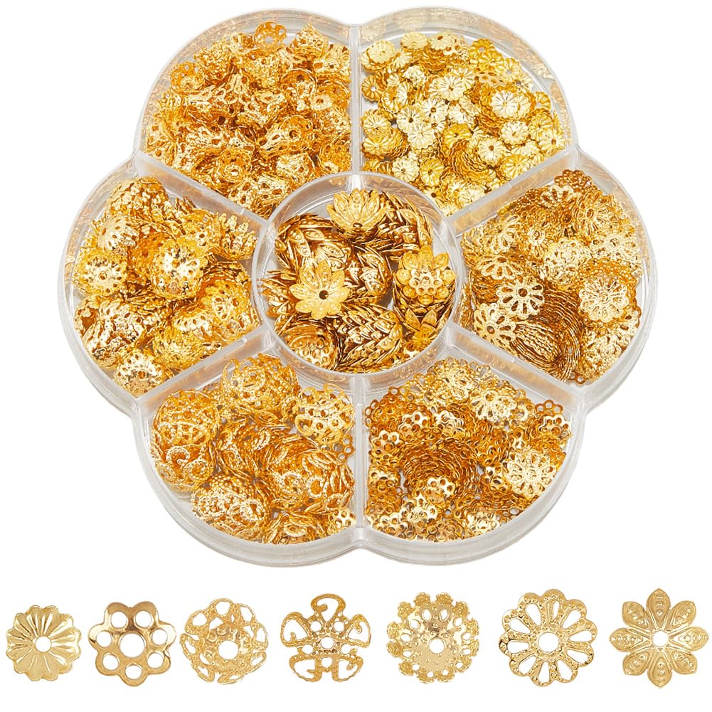 PONABEADIY 7 Styles 800PCS Golden Flower Bead Caps with Hole Iron Assorted Hollow Multi Petal Metal Finding Ends Loose Spacer Beads Cap Bulk for Jewellery Making Bracelets Necklaces Diy Crafts Supply