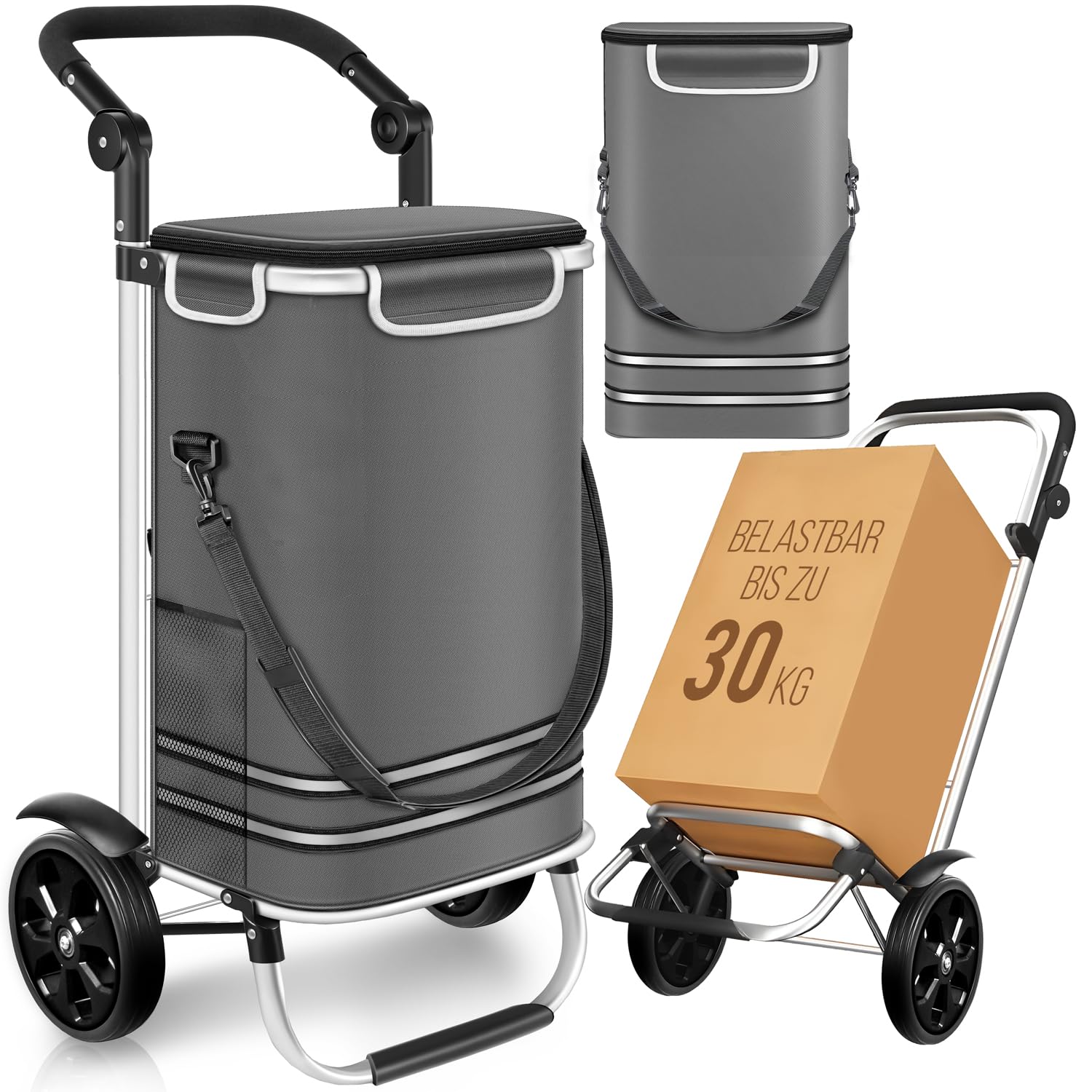 Dimono® Chariot de Courses Pliable 56 L avec Compartiment Isotherme | Trolley 3 en 1 amovible - caddie à roulettes imperméable - sac isotherme intégré - 30 kg