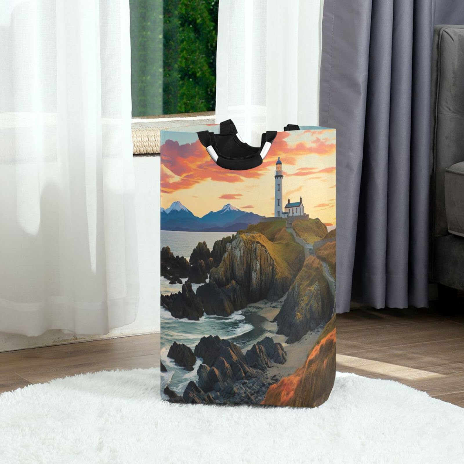 Jihqo Laundry Hamper Basket Sunset Lighthouse Landscape Collapsible Nursery Storage Bin Waterproof Clothing Baskets for Home Bedroom Bathroom Washing Room