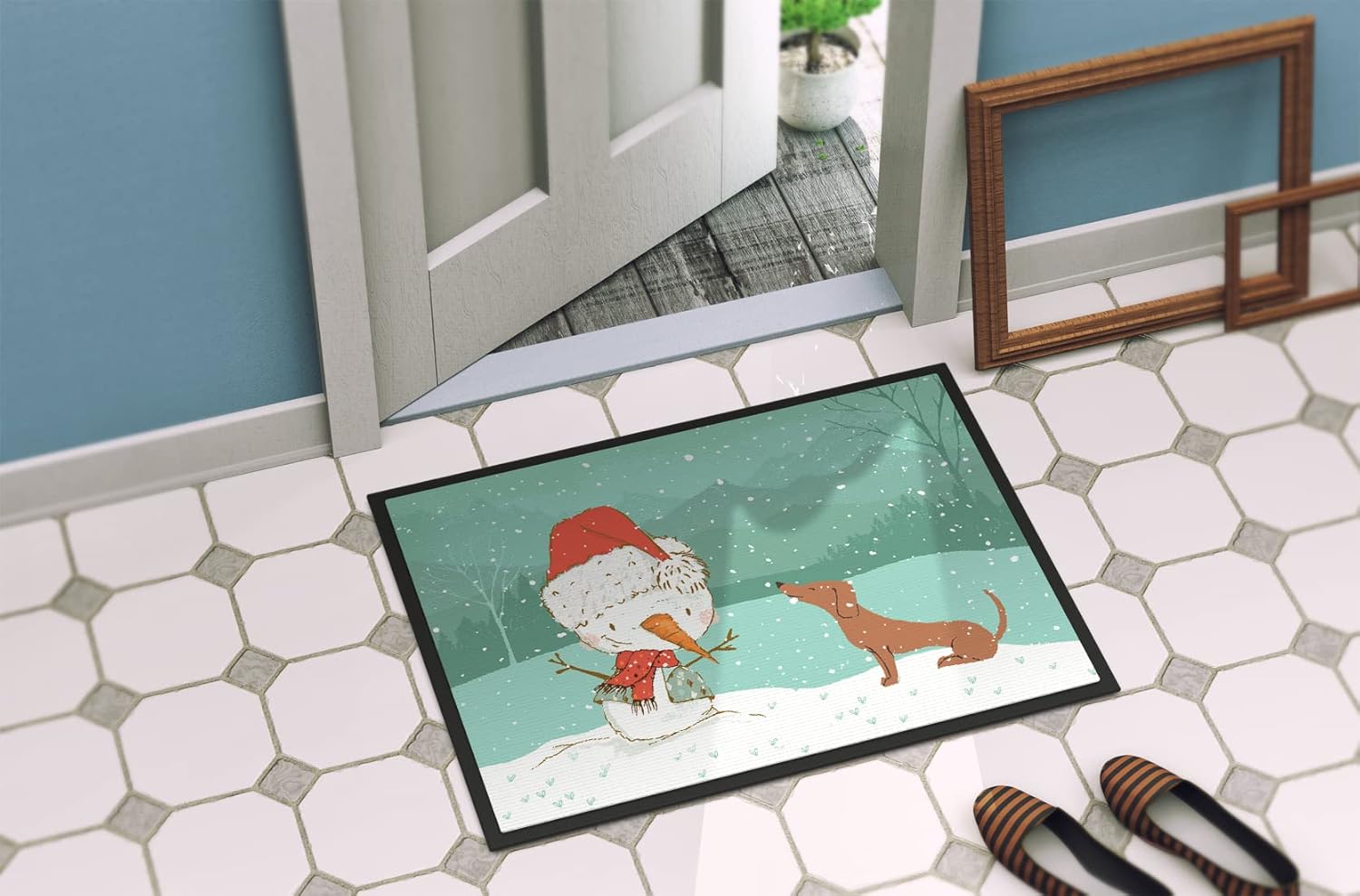 Caroline's Treasures CK2084JMAT Red Dachshund Snowman Christmas Doormat 24x36 Front Door Mat Indoor Outdoor Rugs for Entryway, Non Slip Washable Low Pile, 24H X 36W