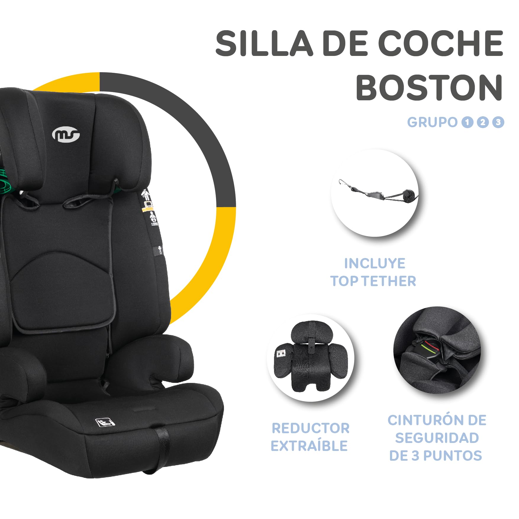 MS - Silla de coche Boston Grupo 1/2/3 Isize (desde los 75 hasta los 150 cms de altura) con Isofix y Top tether, dual.