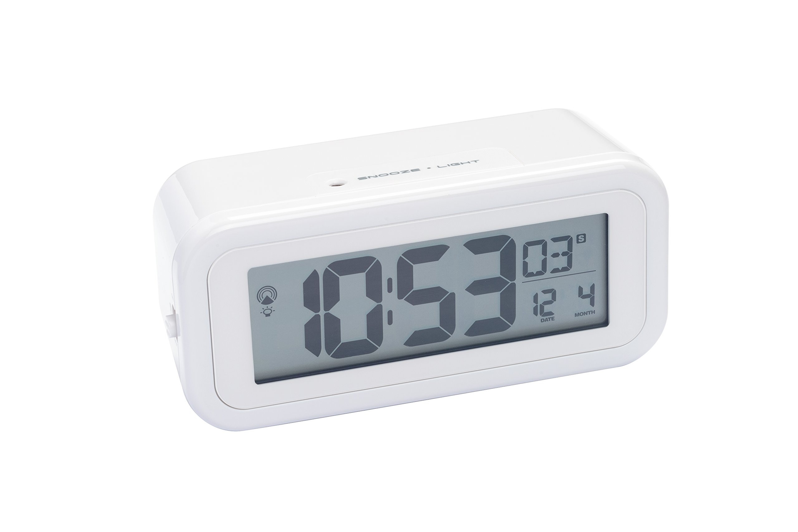 Bresser MyTime Amber Réveil Radio-piloté DCF Avec Rétro-éclairage Ambre Utilisable En Veilleuse La Nuit, Capteur De Luminosité (Piles), Alarme, Température, Blanc, 13 x 6 x 5 cm,