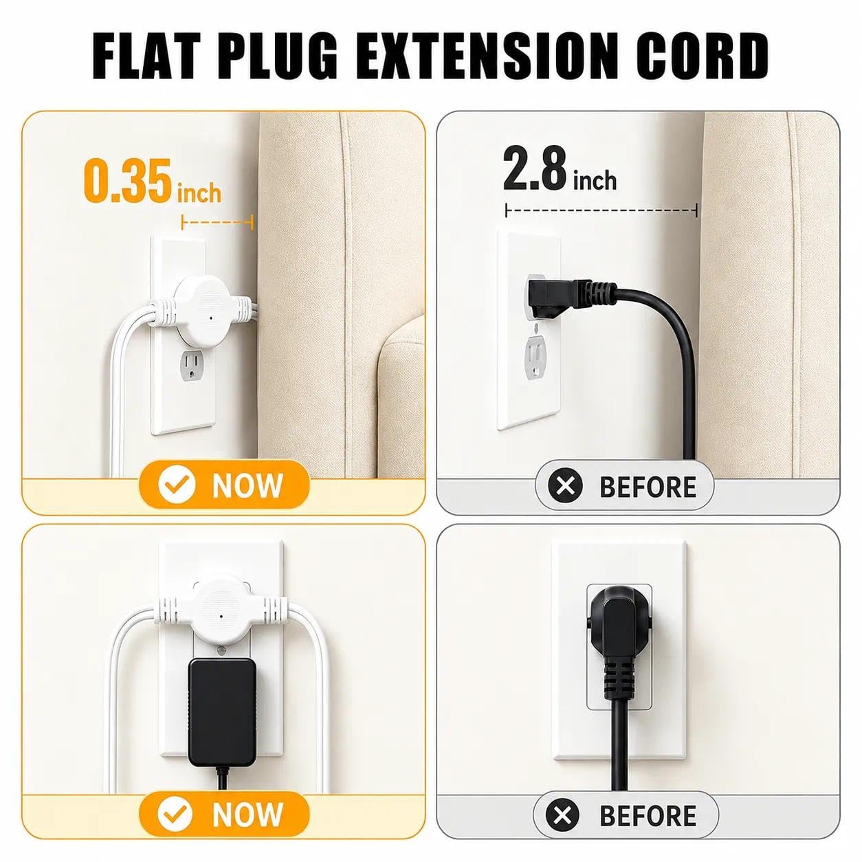 Dual Verlängerungskabel - 3 Fuß Split Verlängerungskabel, 6 Steckdosen und 6 USB-Anschlüsse, Dual Steckdosenleiste, 3 Pin und Flachstecker für hinter Bett, Sofa
