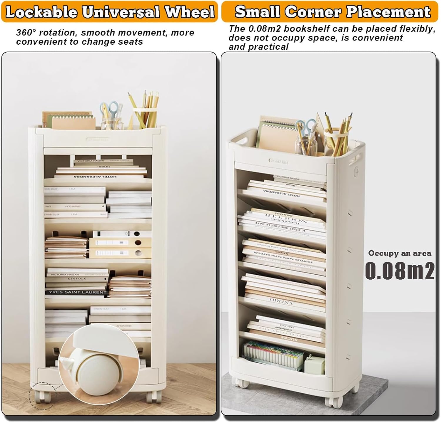 Book cart7 Tier Mobile Bookshelf, Slim Rolling Storage Cart Plastic Bookcase Bookshelf Organizers Rolling Utility Cart for Office, Home, School,A